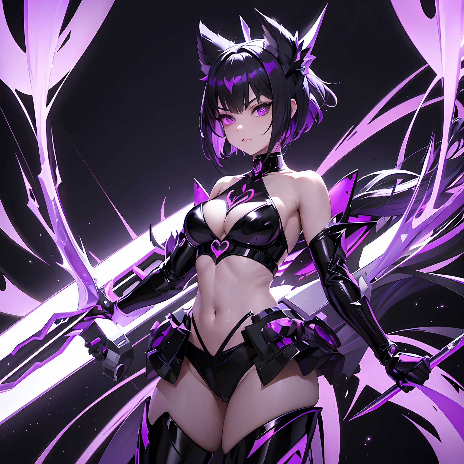 An evil magical girl in a skimpy outfit stands alone. Her costume is made up of latex fabric and transparent tights. She wears sharp black bikini armor. A hair ornament with sharp angles on her head. Sharp claws on her fingertips. A heart tattoo around her navel. purple eyes that shine with light. Futuristic machines in the background