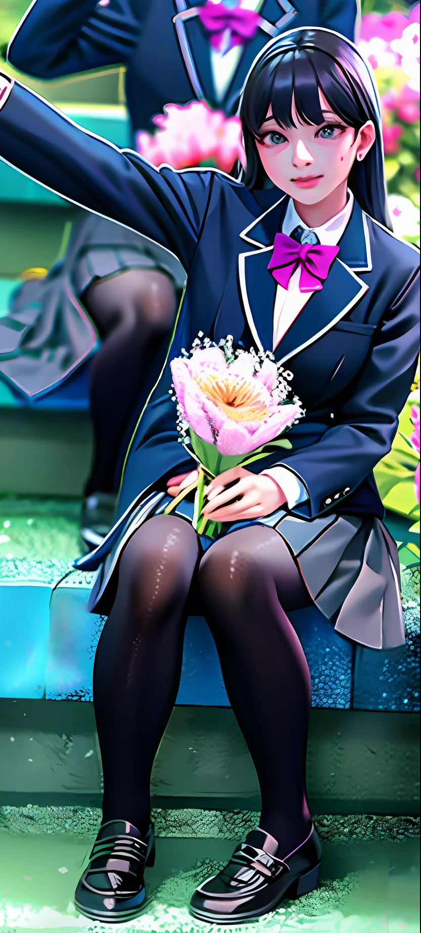 There were many girls in school uniforms sitting in the stands, Holding flowers, Kim Do-young, holding magic flowers, Holding a flower, dressed as schoolgirl, taehyung eating gucci fries, seifuku, Wearing a Japanese school uniform, Japanese school uniform, looks sad and solemn, Very emotional, Holding a rose, tzuyu from twice, knees tucked in、Extra thick black pantyhose