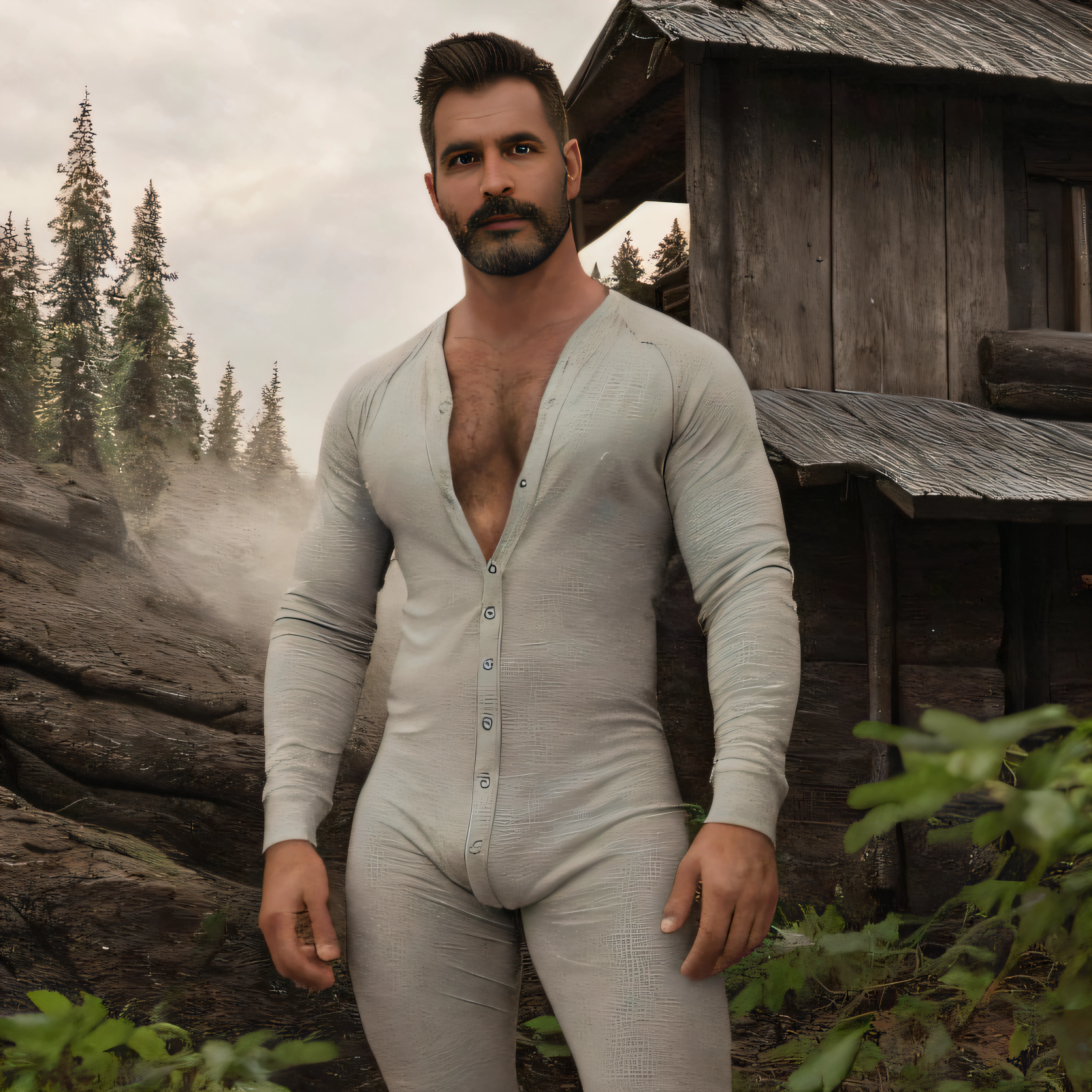 A closeup photo of an attractive man wearing a (union suit:1.2) with their penis hanging beside the testicleschest hair, pubic hair, mustache, cabin in the woods background, metal camping mug, ruggedly handsome, morning, (extremely detailed 8k), professional majestic oil painting by Ed Blinkey, Atey Ghailan, Studio Ghibli,   Intricate, High Detail, Sharp focus, dramatic, photorealistic painting art by midjourney and greg rutkowski, homoerotic, (from_below:1.1)