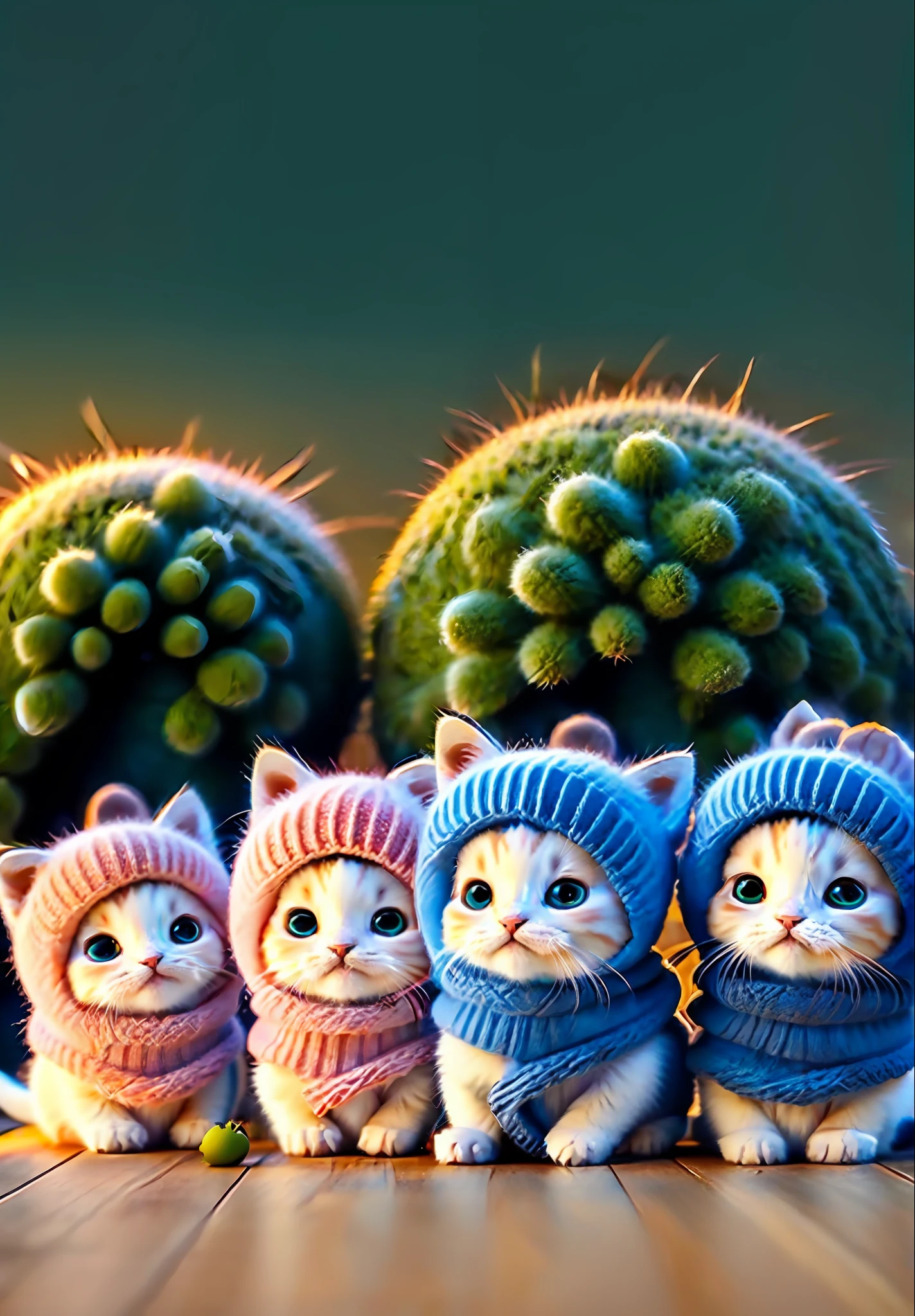 There are four kittens that are wrapped in a blanket, gatos bonitos, painting digital adorable, foto de gato bonito, cute and adorable, render 3D bonito, arte digital detalhada bonito, lovely and cute, animal bonito, smol fluffy cat wearing smol hat, lovely and cute, cute hats