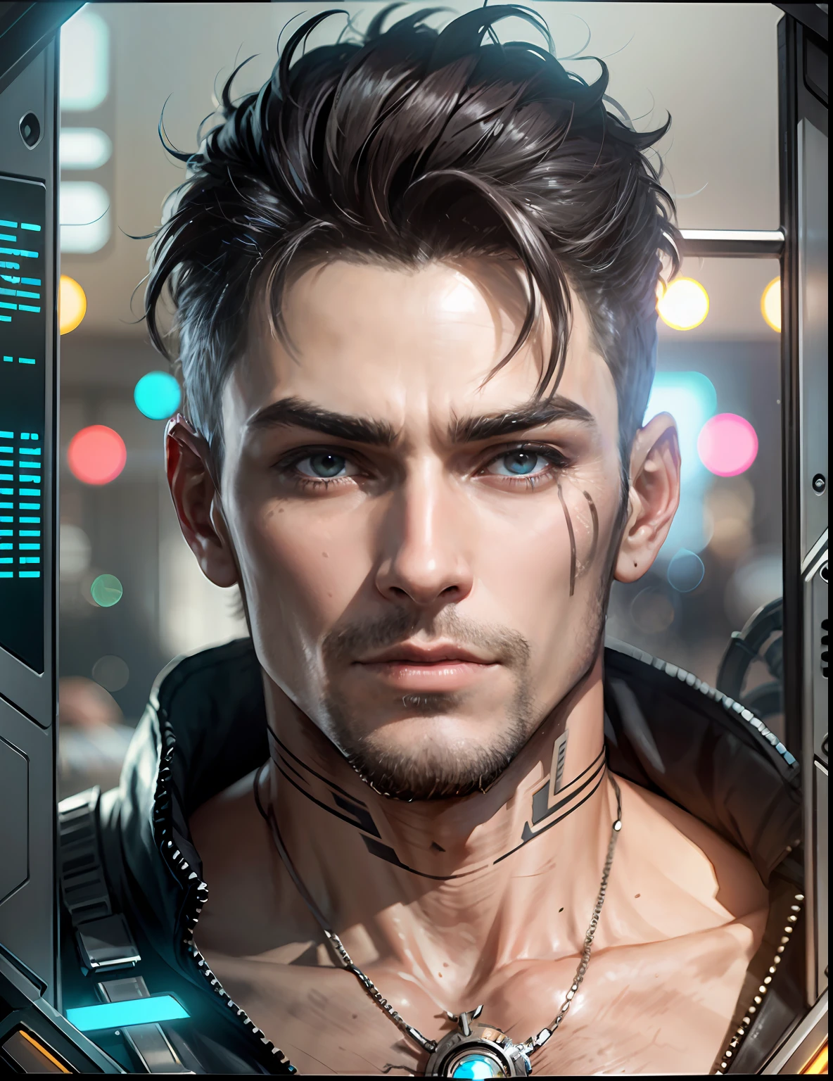Cyberpunk, half-human, human-faced, other mechanical, handsome male