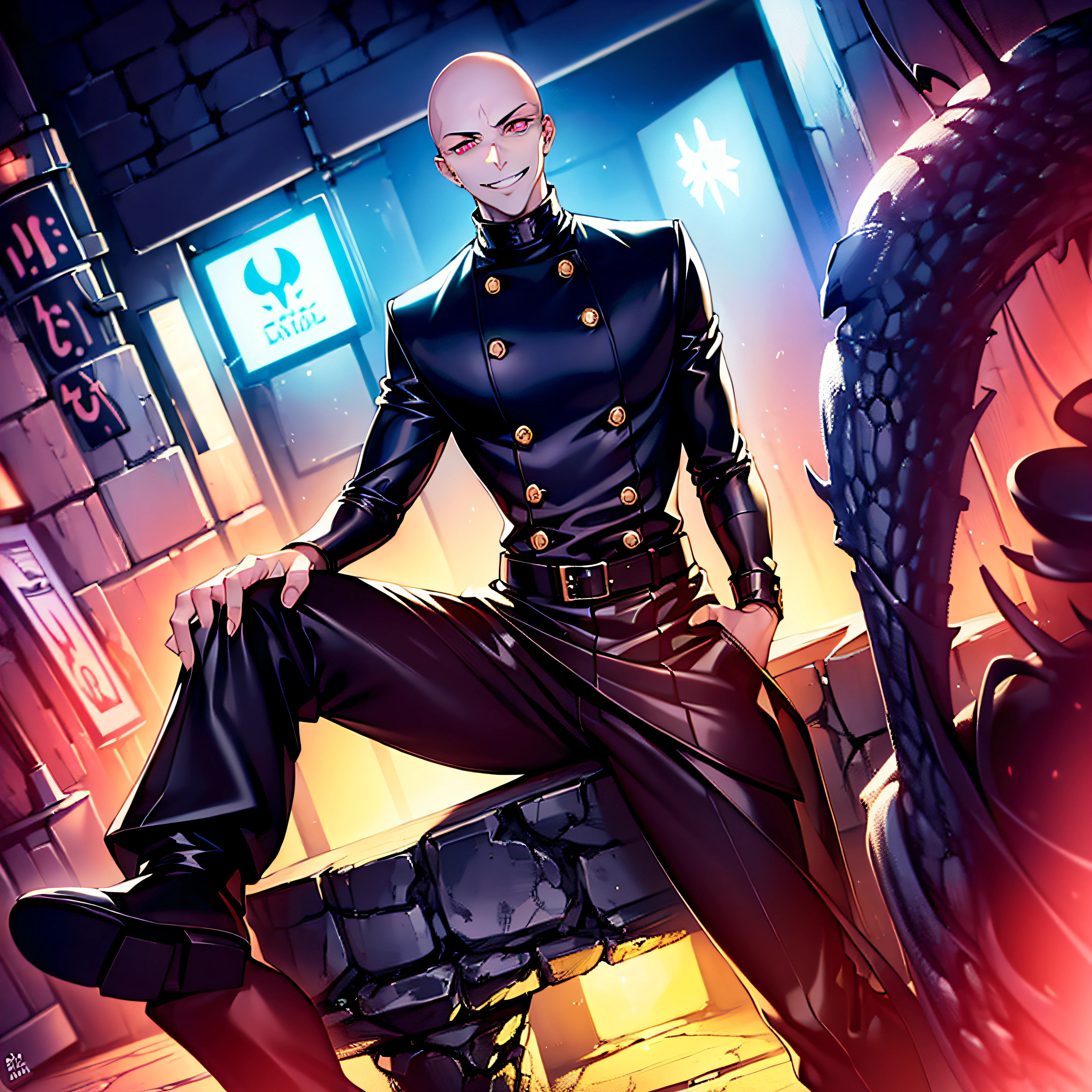(photorealistic:1.4), (masterpiece, sidelighting, finely detailed beautiful eyes: 1.2), masterpiece*portrait, realistic, slim, bald, black turtleneck sweater with a high neck and tight fit, and long pants with military boots, tattoos on face and hands, slim with sharp eyes, bright eyes, smile, sharp fangs, and a malicious smile in the style of anime, man,night city background, neon lights, in an alley, male, solo,