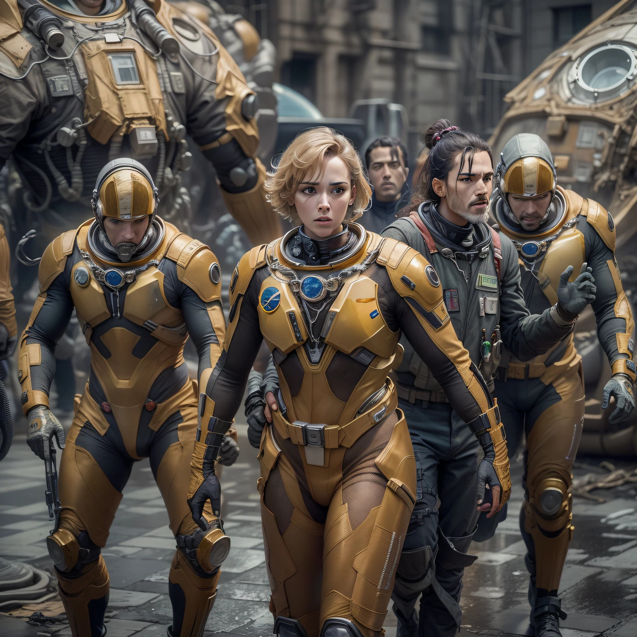 en estilo comic, basado en la pelicula prometheus: (( la tripulacion de la spacecraft prometheus, hombres y mujeres)), inspeccionas una ciudad de un planeta desconocido , con enormes edificios altamente tecnologicos. cuyos materiales de construccion son la plata, el oro y el bronce.