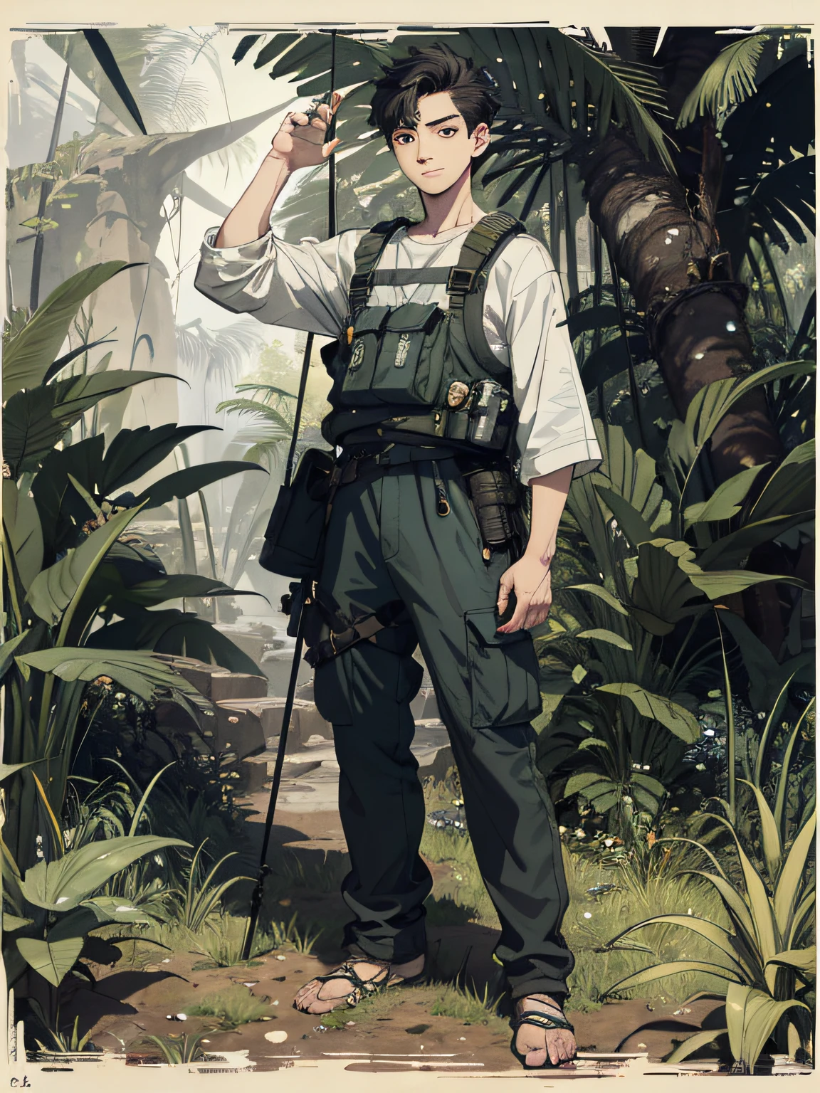 Absurd, high definition, super detailed, texture details, clear presentation, HD details, detail performance, fine details, clear face, precise restoration, clear eyeballs, hand-drawn, simple lines, an 18-year-old man in adventure clothes,  standing at the entrance of creepy jungle, masterpiece, looking at the camera, fullbody character, exploring poses