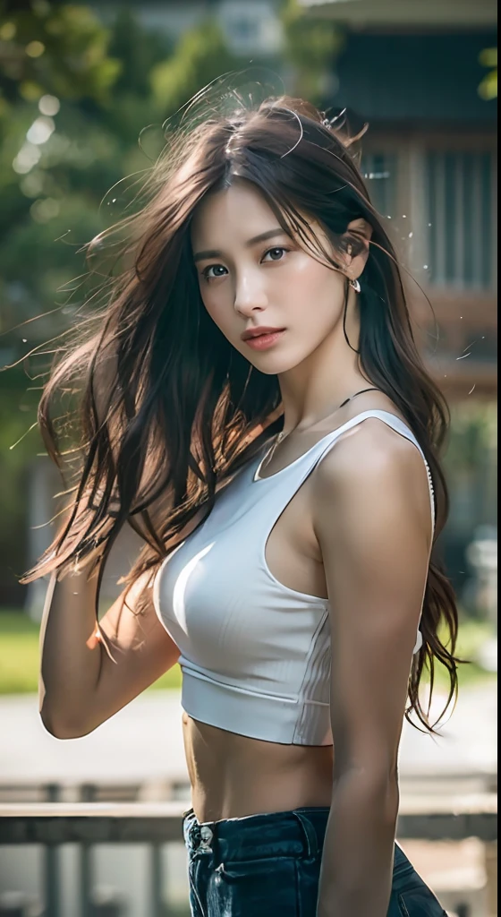 ((Realistic lighting、top-quality、8K、masterpiece:1.3))、Clear Focus:1.2、1girl in、flawless beauty:1.4、Slim abs:1.1、((A dark-haired))、(White crop top:1.4)、(outside of house、natta:1.1)、Park View、Superfine Face、Narrow-eyed、二重まぶた、