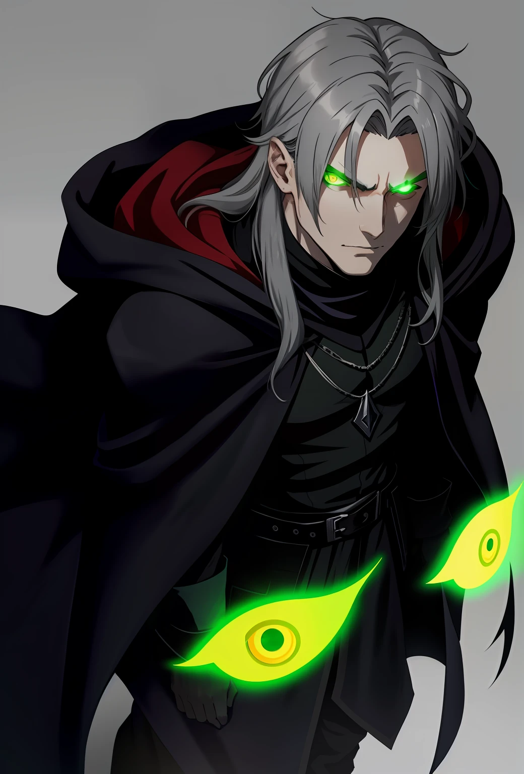 young man wearing a huge gray cloak that covers his hands, long gray hair, one gray eye and the other flourescent green, seen from above, evil look, villain, with several eyes around