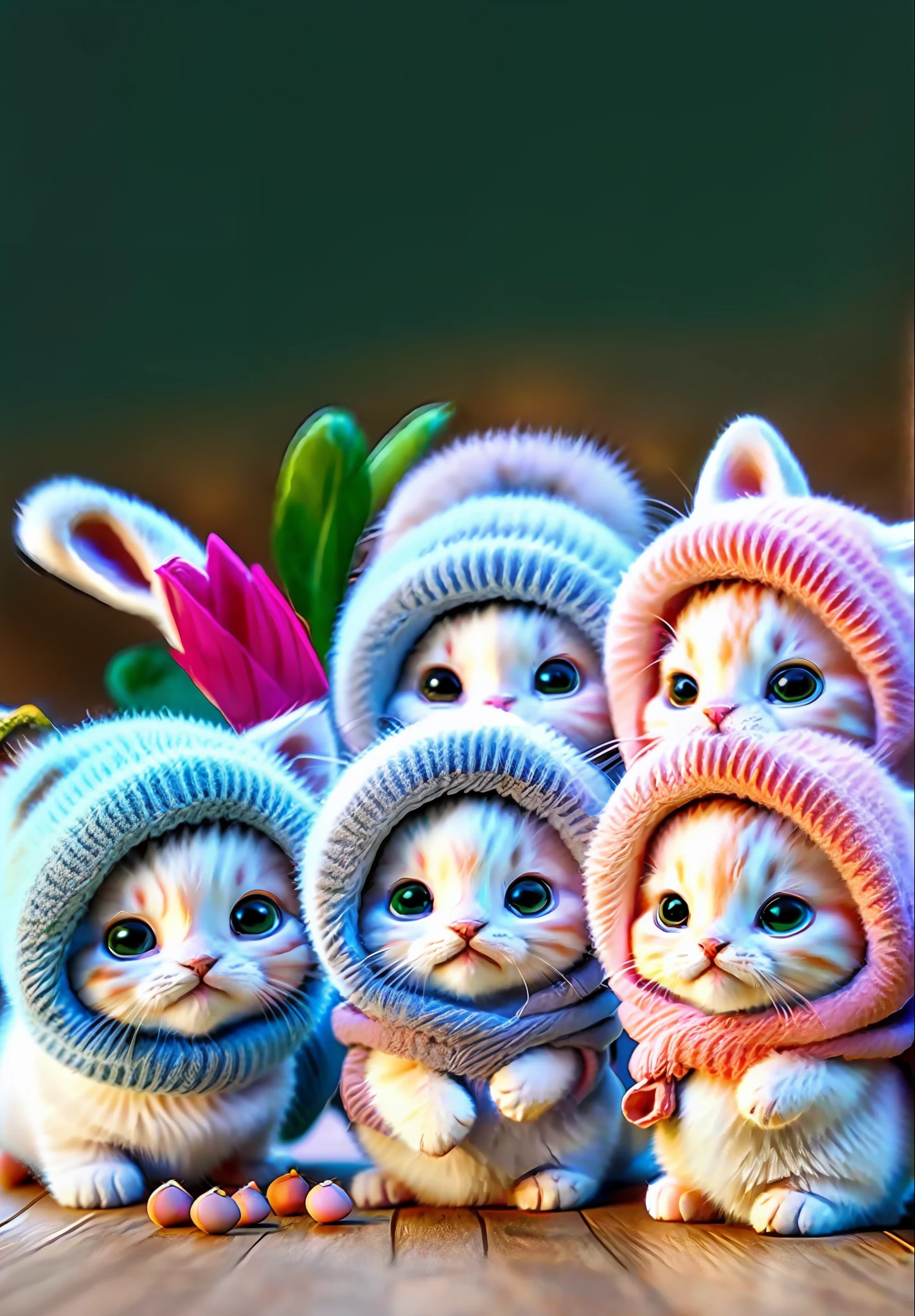 There are four kittens that are wrapped in a blanket, gatos bonitos, painting digital adorable, foto de gato bonito, cute and adorable, render 3D bonito, arte digital detalhada bonito, lovely and cute, animal bonito, smol fluffy cat wearing smol hat, lovely and cute, cute hats