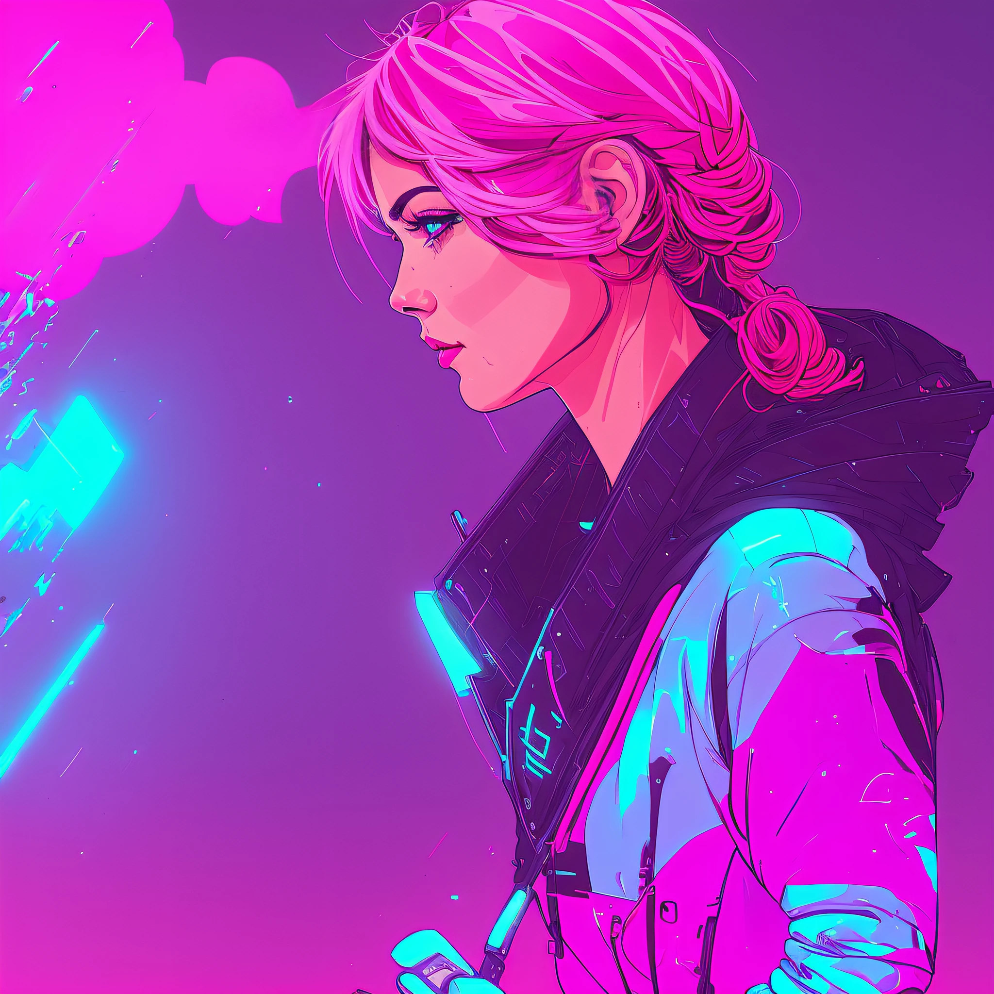 a woman with pink hair and a pink arrow in her hand, jen bartel, inspired by Victor Mosquera, cyberpunk art style, artwork in the style of guweiz, moebius + loish + wlop, neonpunk, dark cyberpunk illustration, beeple and james jean, stunning digital illustration, laurie greasley and james jean, glowwave girl portrait