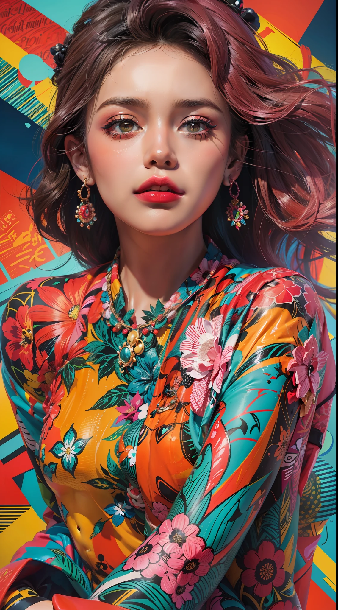 Create a digital art work in pop art style, featureing a vibrant and confident woman with bold makeup and colorfull fashion, cinematic color scheme, surrounded by adubon fruits patterns, energtic brushstrokes,the mood should be dynamic.