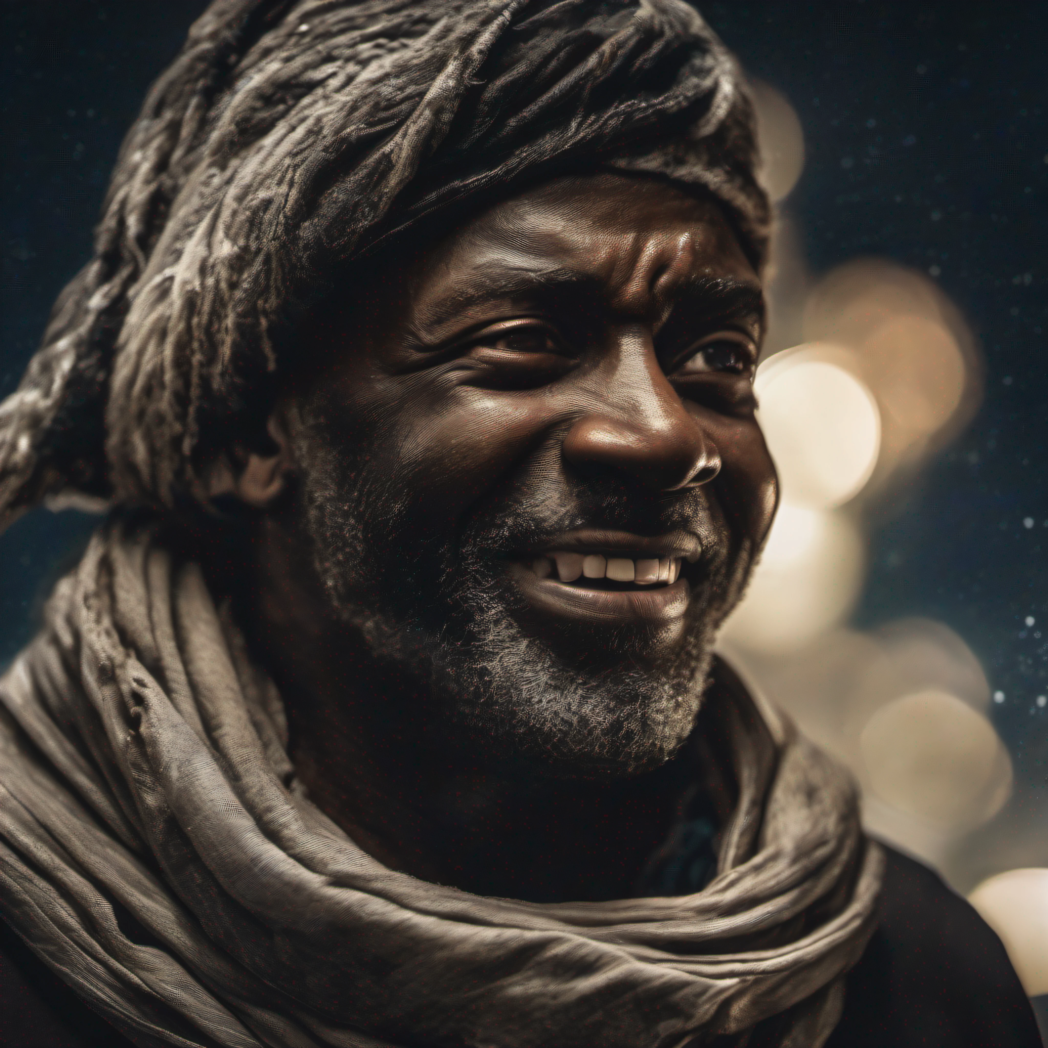award winning upper body portrait photo of a BLACK man an old screaming sailor, wearing scarf, eyes looking upwards, (bokeh:0.7), sidelit, (wrinkled face in detail:0.7), telephoto, moonlit, torchlit, gritty atmosphere, oceanic night exterior, realistic, intricate details, true aged skin texture
