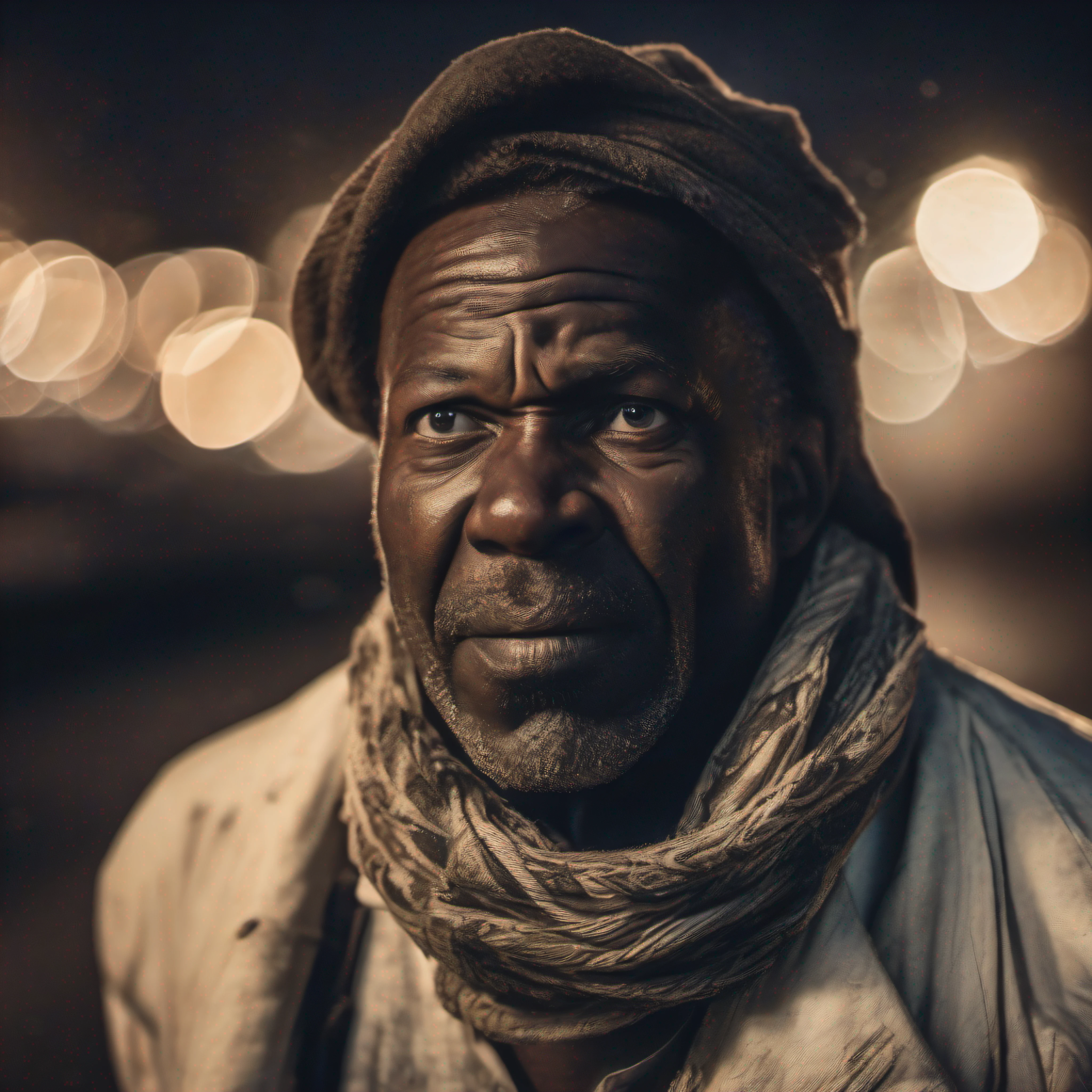 award winning upper body portrait photo of a BLACK man an old screaming sailor, wearing scarf, eyes looking upwards, (bokeh:0.7), sidelit, (wrinkled face in detail:0.7), telephoto, moonlit, torchlit, gritty atmosphere, oceanic night exterior, realistic, intricate details, true aged skin texture
