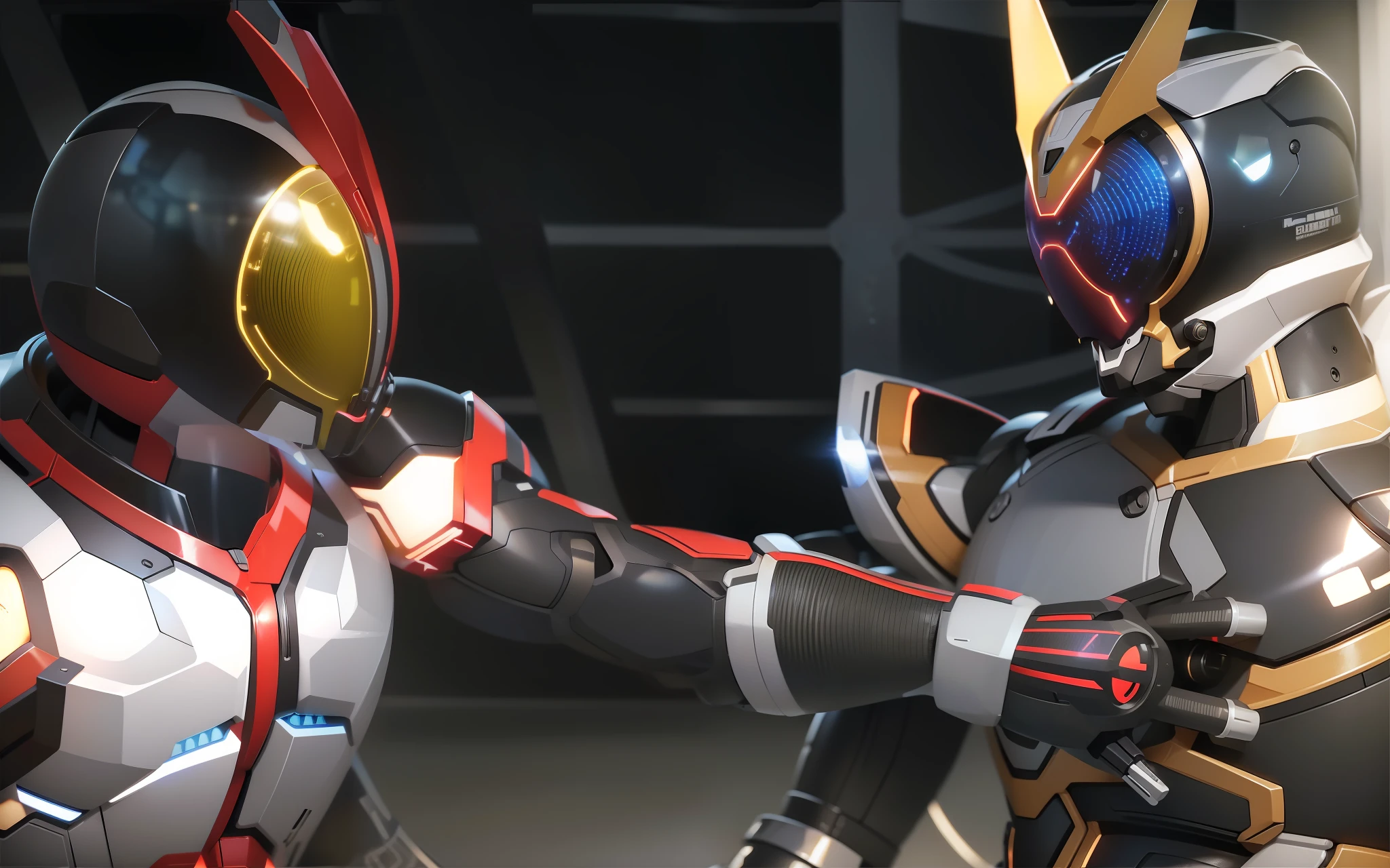 Realiy，photorealestic，Machinary，mechs，Technologie，musculous，glowing light eyes，Burly body，style of photography，Real scenery（Metallic texture 1.8）（Excess detail 2）（High resolution1.6）（4K clarity1.9)（Carbon fiber 1.5）（Metal reflection 1.5），Neon lights，obi strip（1:1）