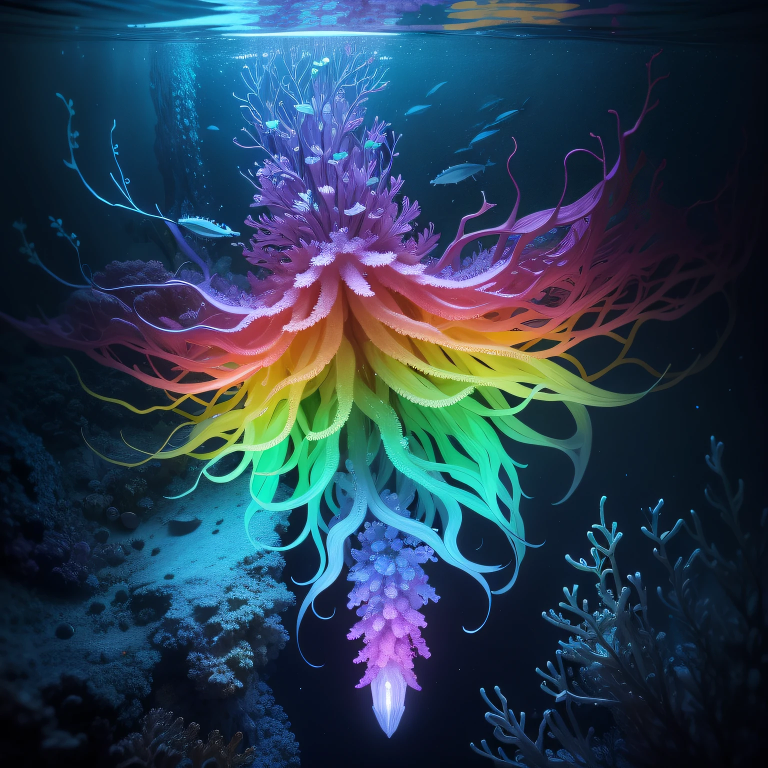 una toma submarina de varias medusas luminiscentes y multicolores en el mar, a poca distancia de la superficie
