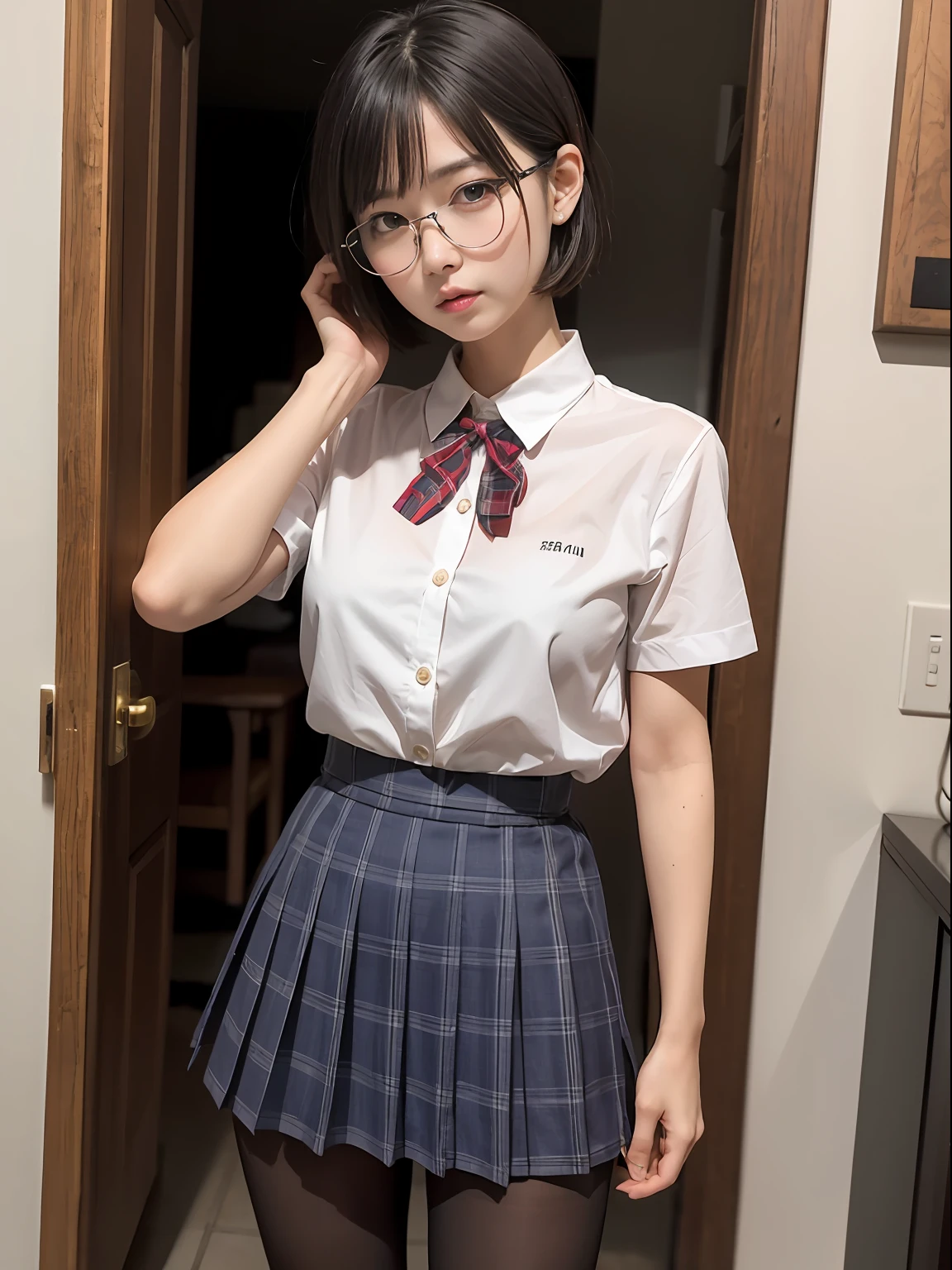 (8K、Raw photography、top-quality、masterpiece:1.2),Black pantyhose,absurderes,a small face,small tits,flat breast,Parting the bangs from the middle、Forehead visible,(Tight eyes,Bullish,skinny,Rasping,irate)、masterpiece,top-quality、超A high resolution,Raw photo,ren,Beautiful fece,One Person, 独奏,eye glass,,Dark look,Small breasts,fullllbody,Round glasses、cute little、A Japanese Lady,is standing,(Tight eyes,Bullish,skinny,Rasping,irate,small tits,flat breast)、(Photorealsitic:1.37)、Photon mapping,Light blue ribbon,Realistic、Cute little face,Brown-eyed、Black socks、(Red bow tie)、Radio City、Physically Based Rendering、Foreground、depth of fields、Blurry background、a picture,The girls、Body, Long legs, Thin leg,Semi-bob cut,(Bangs are visible), hair, s lips, Blue_The eye, nosesoft,White shirt, Navy blue and white plaid pleated skirt, Knees are visible,Sheer clothing,, Thigh, Black cotton socks,Nogizaka Idol, 女優, Japanese ido