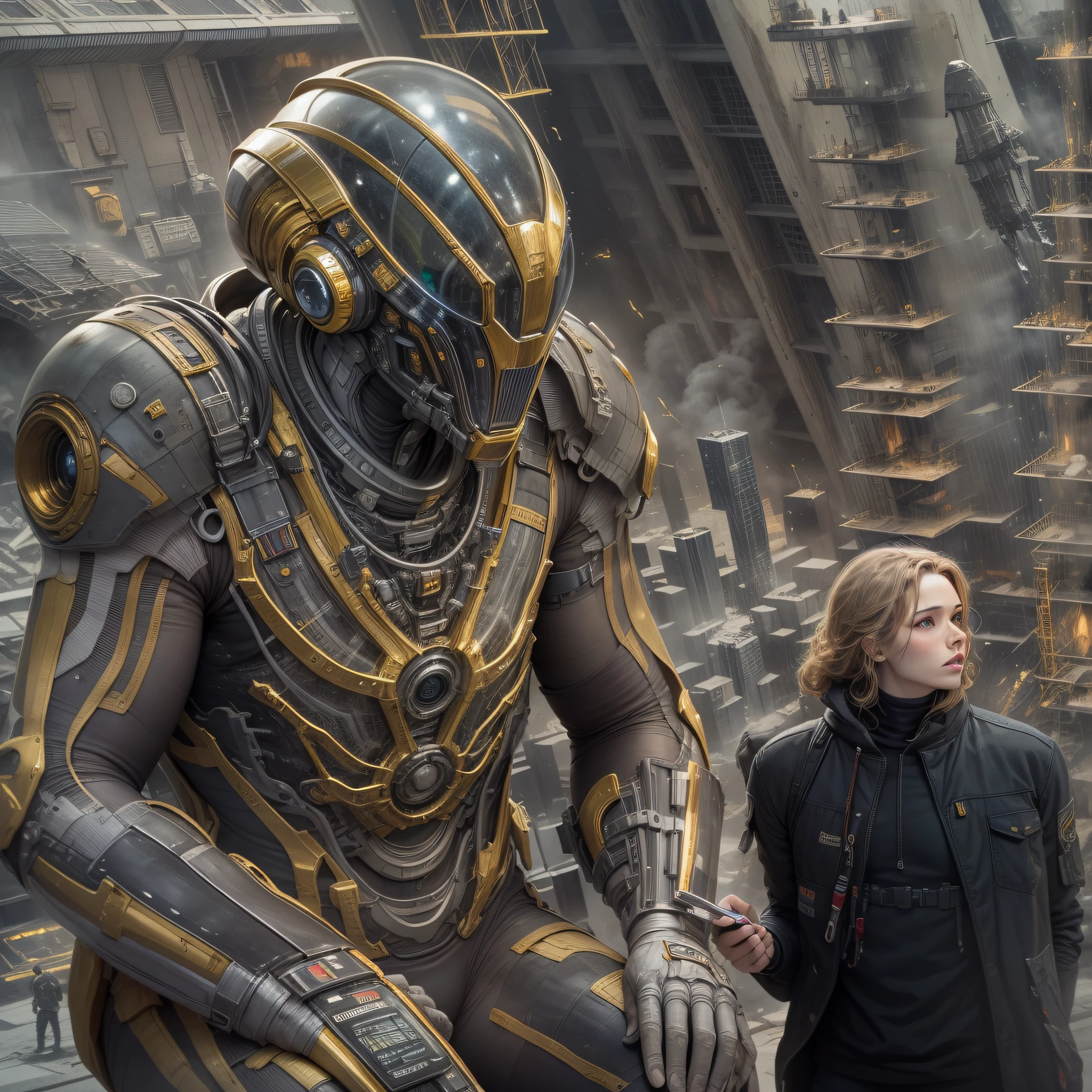 en estilo comic, basado en la pelicula prometheus: (( la tripulacion de la spacecraft prometheus, hombres y mujeres)), inspeccionas una ciudad de un planeta desconocido , con enormes edificios altamente tecnologicos. cuyos materiales de construccion son la plata, el oro y el bronce.