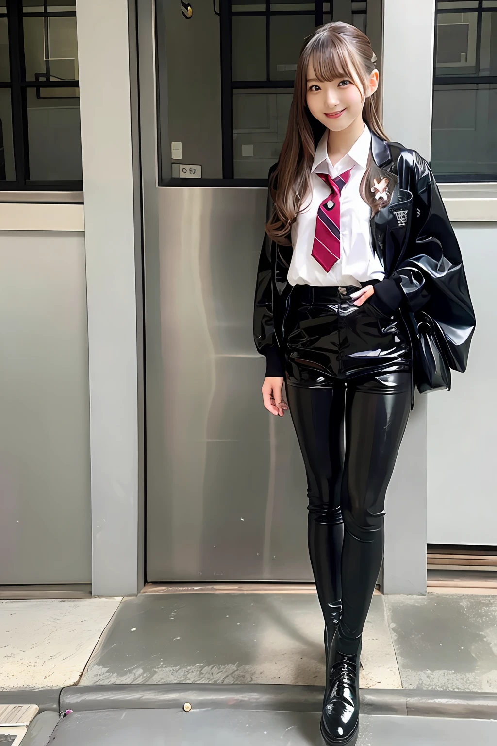 beautiful young japanese woman wearing school uniform and black latex leggings tight