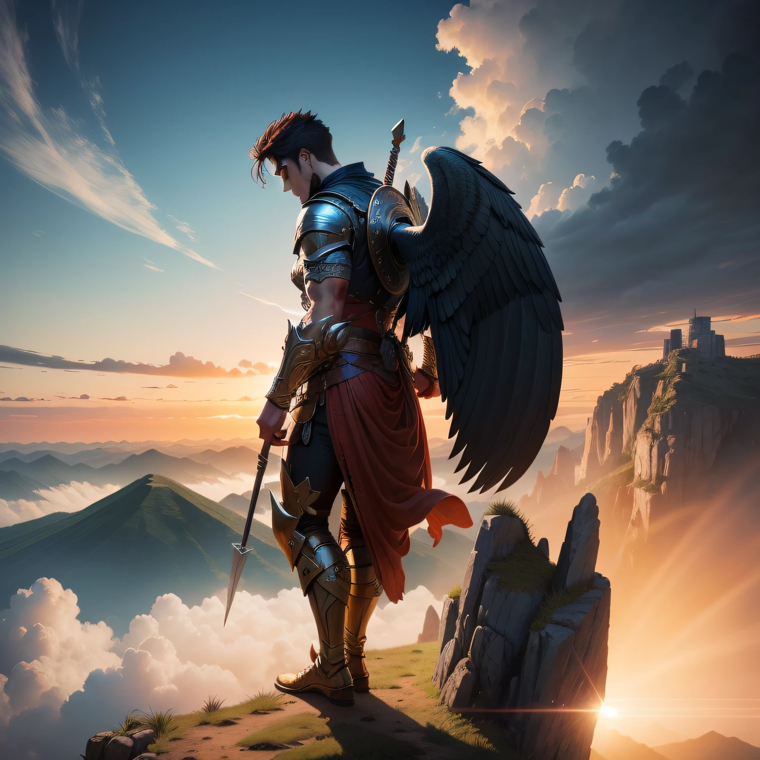 imagem 16:9 of a mythological hero warrior on his back standing on top of a mountain looking at the horizon, imagem extremamente hiperrealista