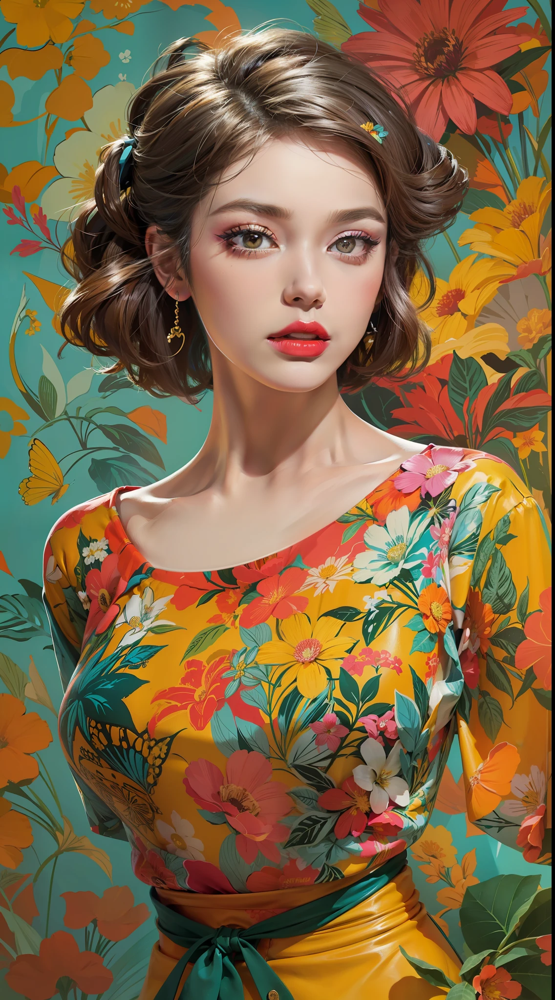 Create a digital art work in pop art style, featureing a vibrant and confident woman with bold makeup and colorfull fashion, cinematic color scheme, surrounded by vintage flowers patterns, energtic brushstrokes,the mood should be dynamic.