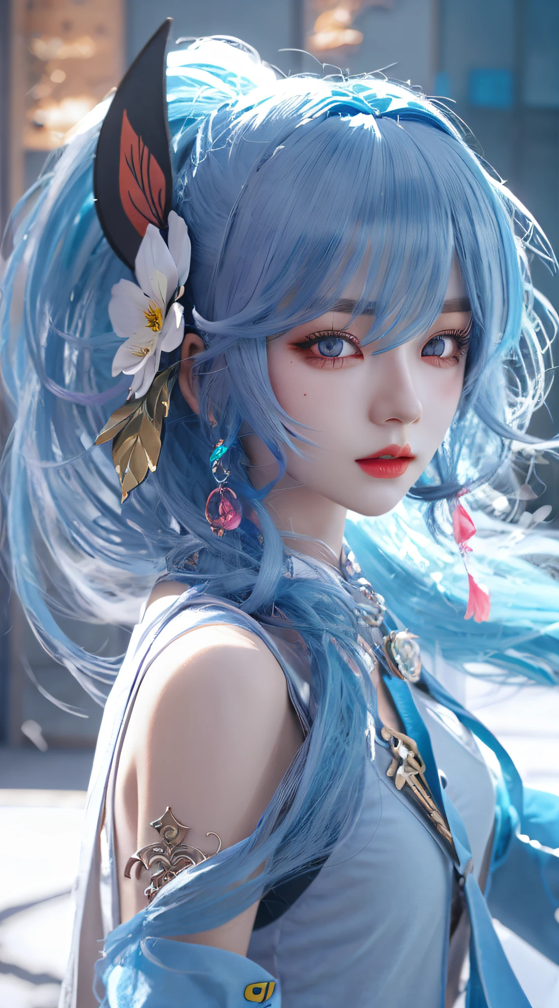 anime girl with blue hair and a blue wig，There are flowers on the hair,looking at viewert， blue color eyes，8k high-quality detailed art, anime styled 3d, Anime style. 8K, 3 d anime realistic, style of anime4 K, 4k highly detailed digital art, Detailed digital anime art, Realistic anime 3 D style, 3 D rendering character art 8 K