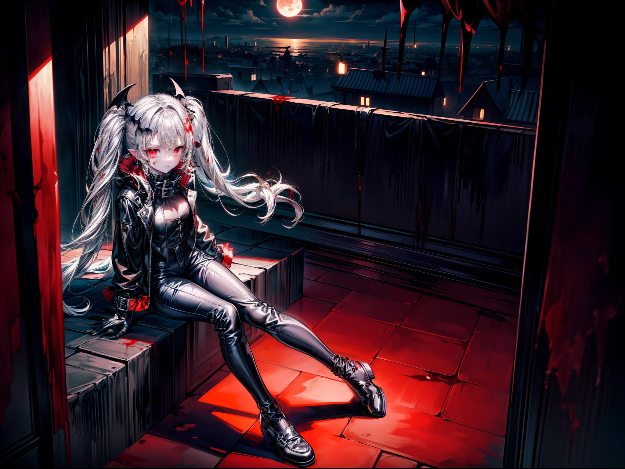 {{masterpiece, best quality, extremely detailed CG, unity 8k wallpaper,anatomically correct,ultra resolution}},Award-winning photography,(best illumination,Very Delicate and Beautiful),{one girl,solo,:1.5},Vampire,silver hair,(twintails:1.2),glowing red eyes,pale skin,(extremely beautiful and detailed face:1.2), (extremely beautiful and detailed eyes:1.2),perfect hands,delicate legs,((bat hair ornament)),(epic,fashion),pointy ears,((black leather long coat:1.5,gothic blouse,black leather pants,black leather shoes,black leather gloves,popped collar:1.3)),looking at viewer,hands in pockets,dark persona,evil,(cute:1.5),((night, dark atmosphere, dark theme, darkness:1.5)),dramatic shadows,(dimly lit:1.5),blood on face,blood on floor, blood on walls,(blood mist,blood splash:1.4),depth of field,(Bustling city:1.2,rooftop:1.2), cloud, full moon, moon, moonlight, night sky, outdoors, blood moon, sky, star sky, starry sky,{perfect human body structure with maximum precision}