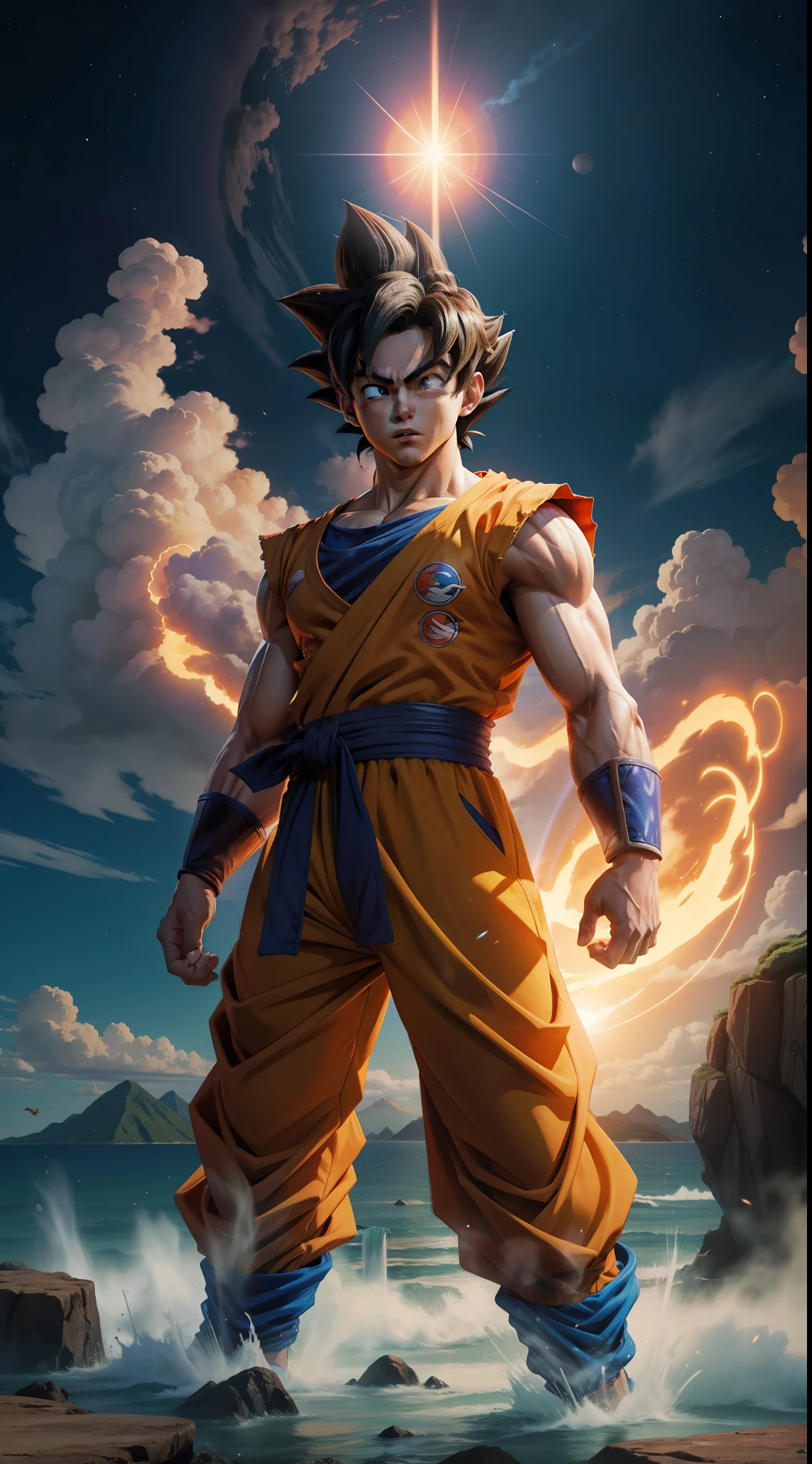 Goku em meio a uma linda paisagem do mundo de Dragon Ball Z