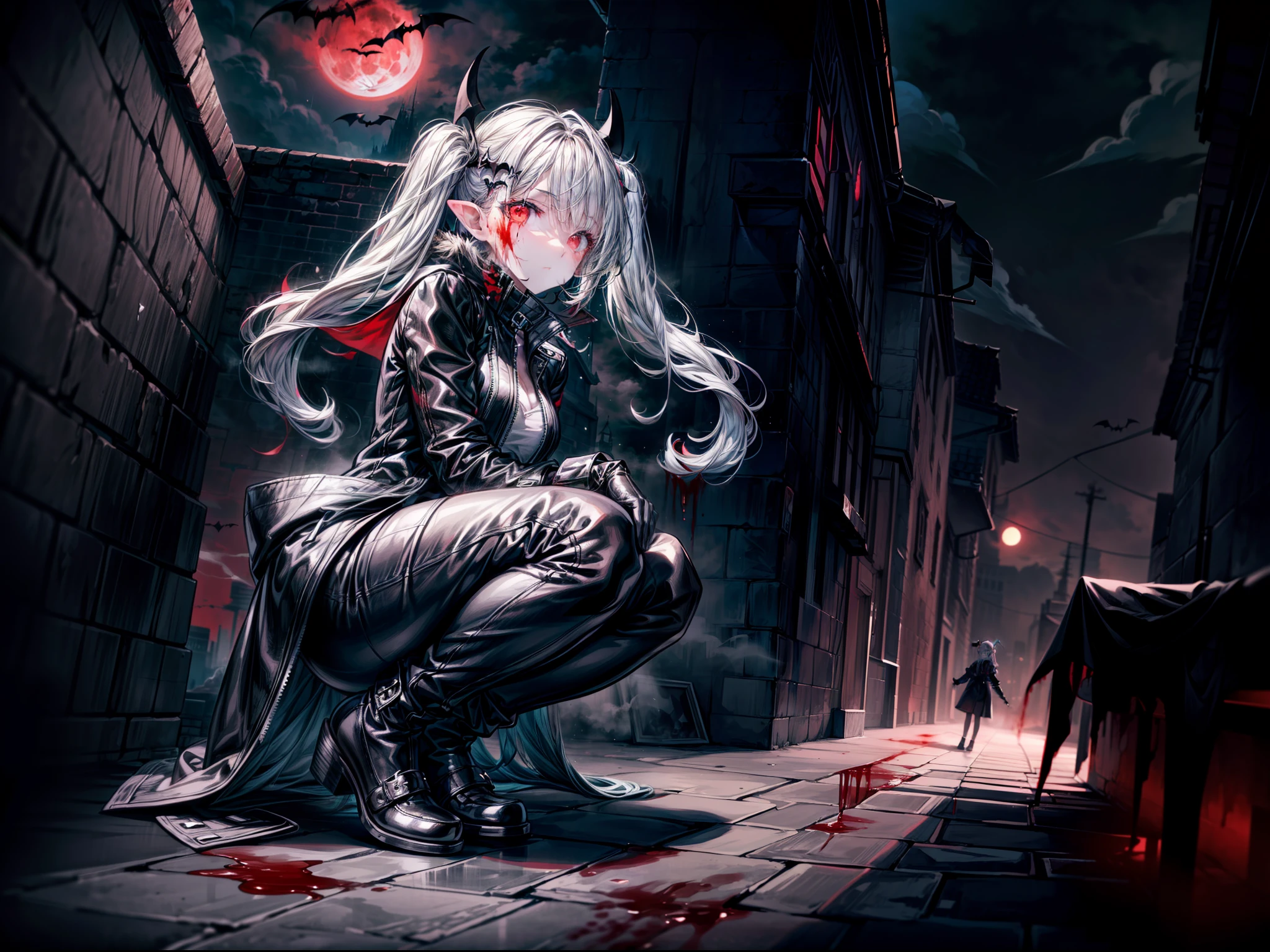 {{masterpiece, best quality, extremely detailed CG, unity 8k wallpaper,anatomically correct,ultra resolution}},Award-winning photography,(best illumination,Very Delicate and Beautiful),{one girl,solo,loli:1.5},Vampire,silver hair,(twintails:1.2),glowing red eyes,pale skin,(extremely beautiful and detailed face:1.2), (extremely beautiful and detailed eyes:1.2),perfect hands,delicate legs,((bat hair ornament)),(epic,fashion),pointy ears,((black leather long coat:1.5,gothic blouse,black leather pants,black leather shoes,black leather gloves,popped collar:1.3)),looking at viewer,hands in pockets,dark persona,evil,(cute:1.5),((night, dark atmosphere, dark theme, darkness:1.5)),dramatic shadows,(dimly lit:1.5),blood on face,blood on floor, blood on walls,(blood mist,blood splash:1.4),depth of field,(Bustling city:1.2,rooftop:1.2), cloud, full moon, moon, moonlight, night sky, outdoors, blood moon, sky, star sky, starry sky,{perfect human body structure with maximum precision}