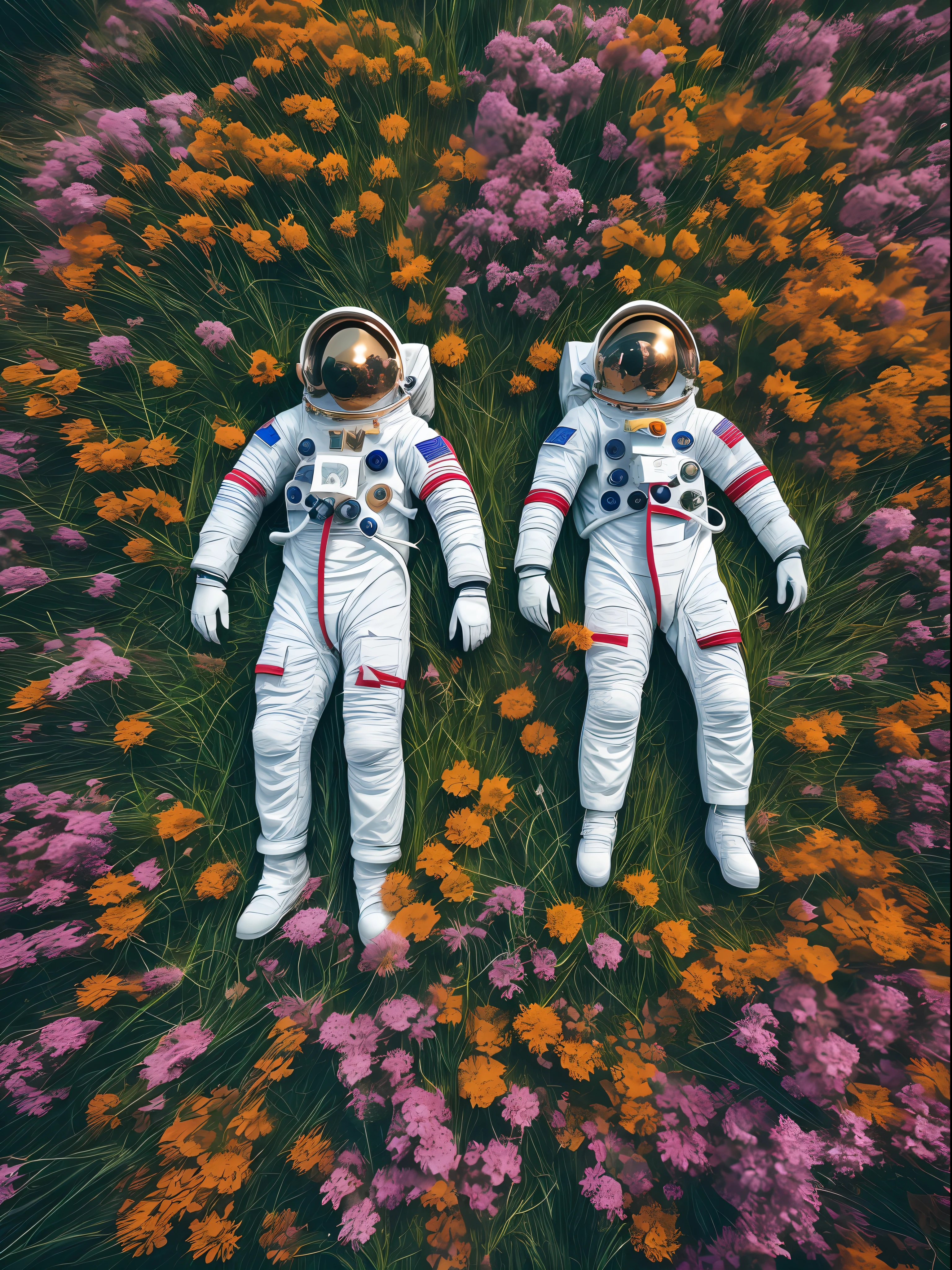 Two astronauts laying in a grassy field filled with flowers, drone shot