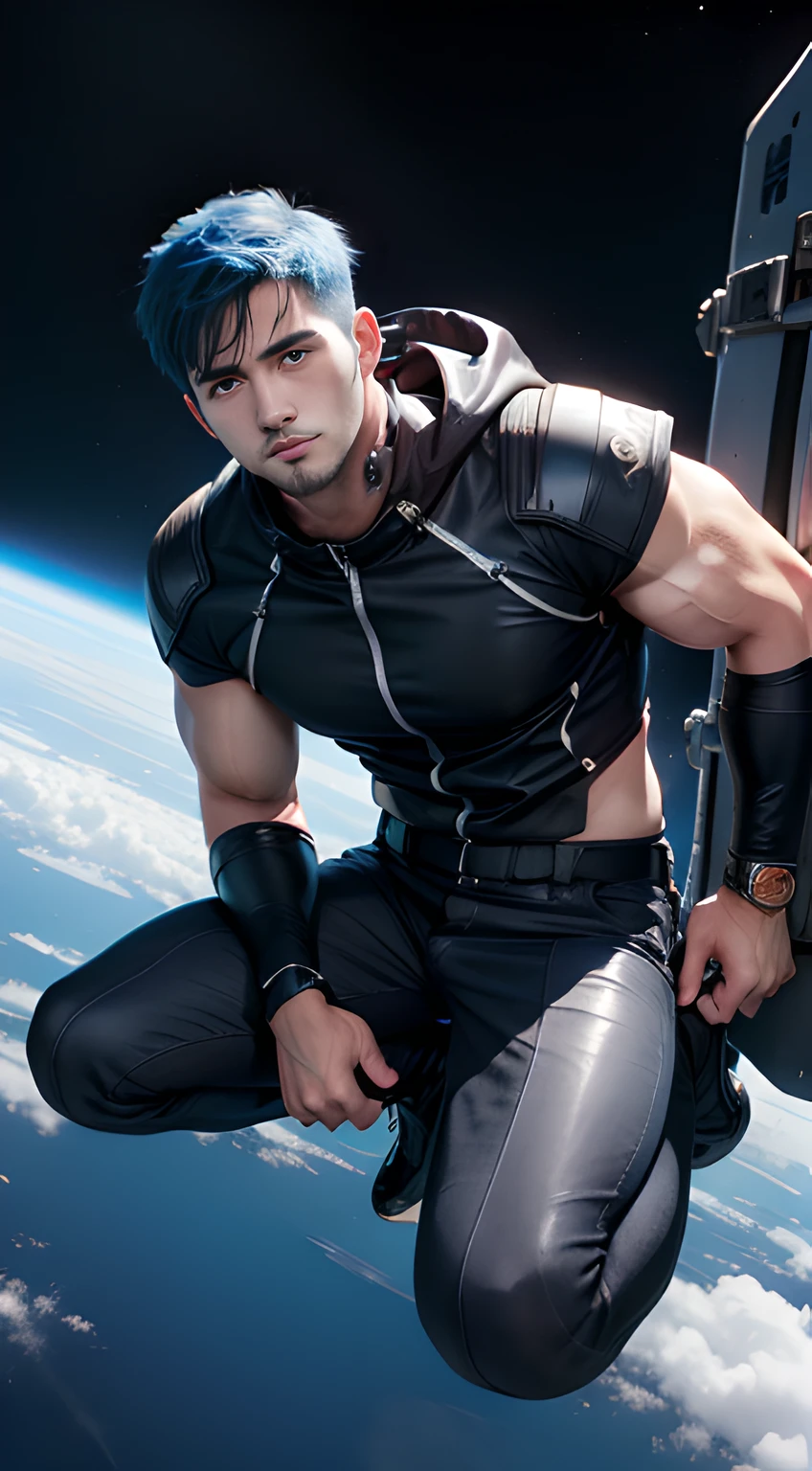 handsome young man in his 20's, blue hair, Chris Redfield,
