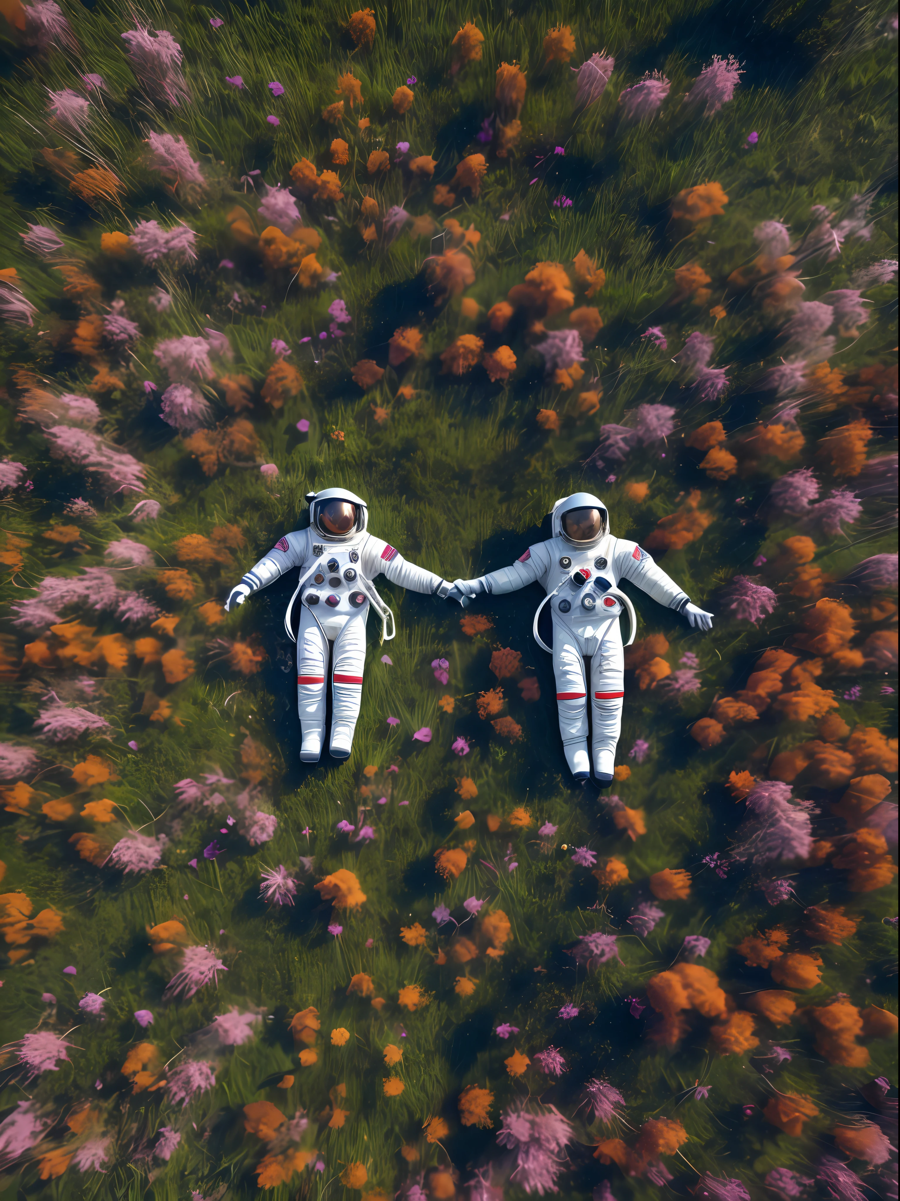 Two astronauts laying opposite directions with heads touching in a grassy field filled with flowers, drone shot
