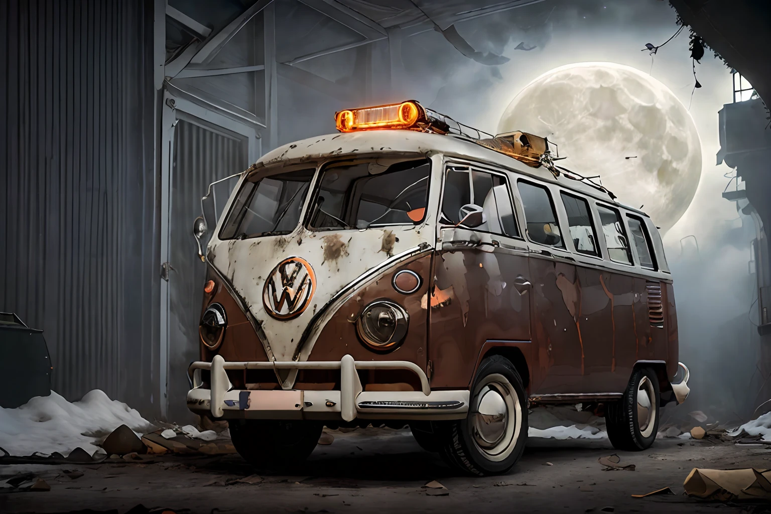 analog gloomy photo of an (orange) volkswagen kombi,  ((haunted house:1.0)), (walking dead:1.0), zombie apocalypse, (abandoned town at (midnight)), (full moon), (winter), (snow), ((horror movie)), ((nighttime)), lost in the wood, ruins, dilapidated buildings, High Detail, Sharp focus, (photorealism), realistic, best quality, 8k, award winning, dramatic lighting, epic, cinematic, masterpiece, rim light, ambient fog:1.5, dutch angle,