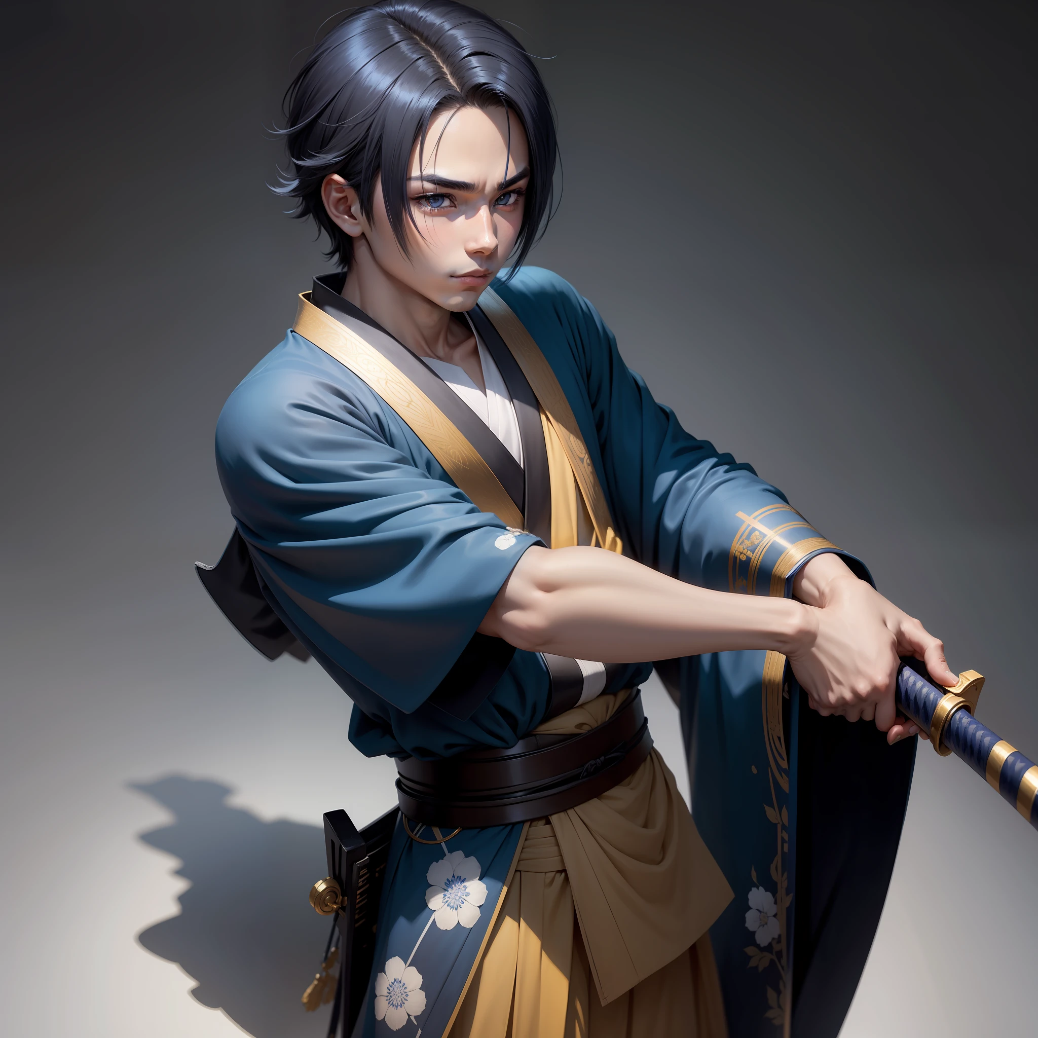 Young boy without beard monochrome eyes,kimono azul com detalhes em dourado cabelo curto katana curta na cintura anime 2d