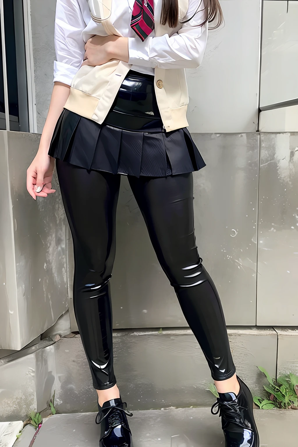 beautiful young japanese woman wearing school uniform and black latex leggings tight