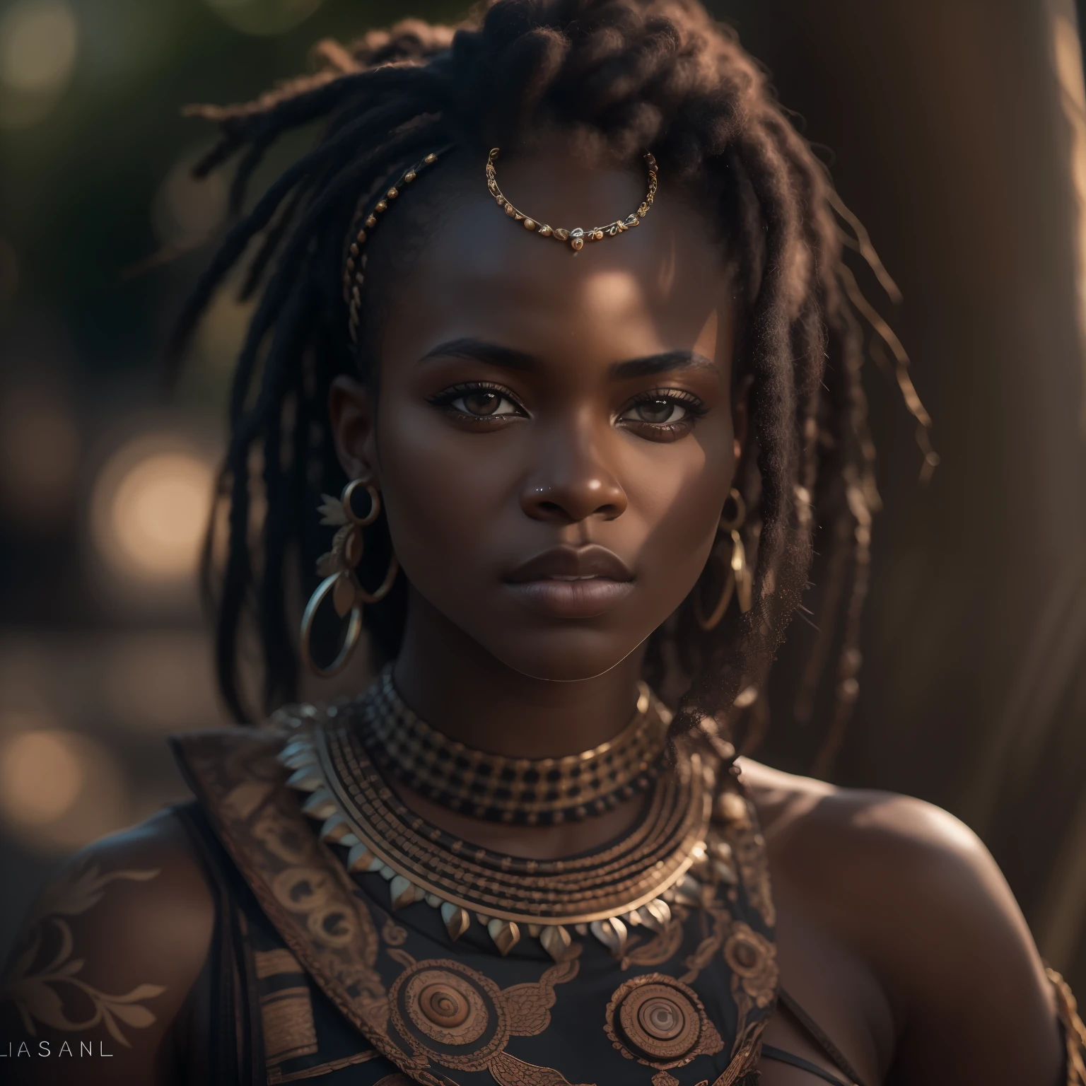 Raw photo, portrait of dark skinned beautiful African warrior woman, perfect face features, perfect eyes, hopeful, wearing intricate African amor, sun light, volumetric lighting, sun rays, detailed shadows, nature, outdoor, hasselblad X2D 100C, hasselblad XCD 80mm f/1.9 lens, depth of field, bokeh, film grain, sharp focus, photorealistic, masterpiece, intricate details, high contrast, 8k, UHD, HDR, high-res, absurdres, award winning photography, modelshoote, fashion photography, best composition, rules of third, upper body shot,
