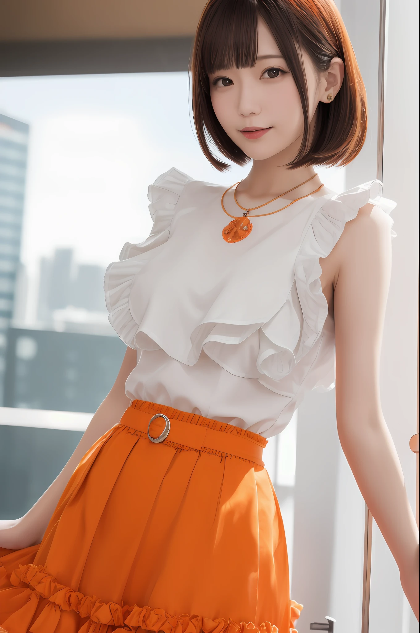 raw ((Portrait)), (Best Quality), (Realistic, Photorealsitic:1.3), Best Quality ,masutepiece, extremely delicate and beautiful, Extremely detailed ,nffsw ,Unity , 2k wallpaper, amazing, finely detail, masutepiece, Best Quality, Highly detailed ticker Unity 8k wallpaper, huge filesize , Ultra-detailed, hight resolution, Extremely detailed, Sunlight,
1girl in, Japanese, 年轻, 26 year old, A smile, Big Tits, coffee shop, Bangs, ear, Dynamic Pose, bob cuts, hair blowing in wind, dynamic ungle, (((Sleeveless white with ruffles and cherry pattern))), Above the waist, Bare shoulders, (((Long orange skirt))), a necklace, 耳环