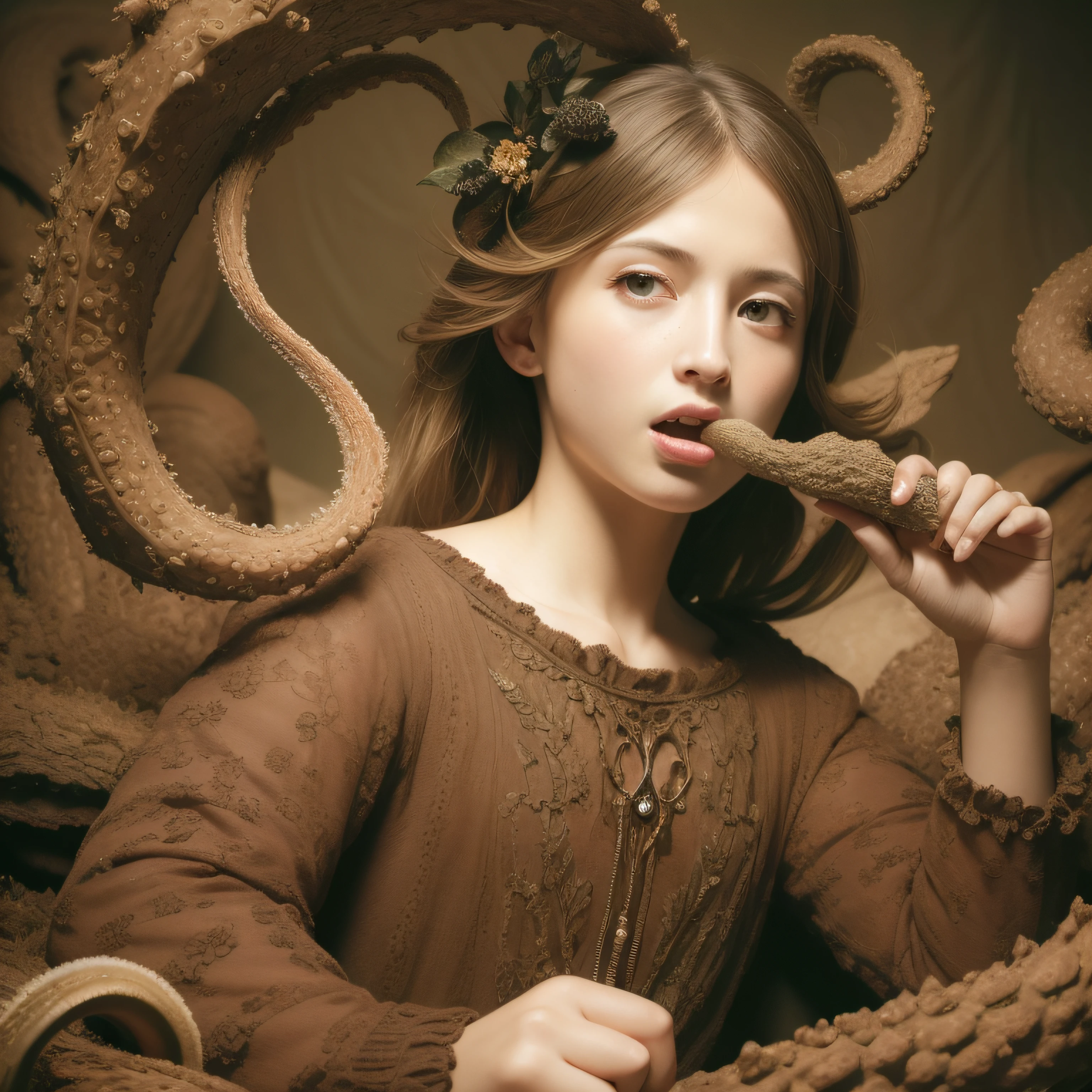 (extremadamente detallado, obra maestra, La mejor calidad), Estilo oscuro, intense illumination, rostro con arrugas, lengua larga, tentacle, deforme, monstruoso, un anciano con Colmillos finos, amenazante. Rococo composition. Luz de caravaggio