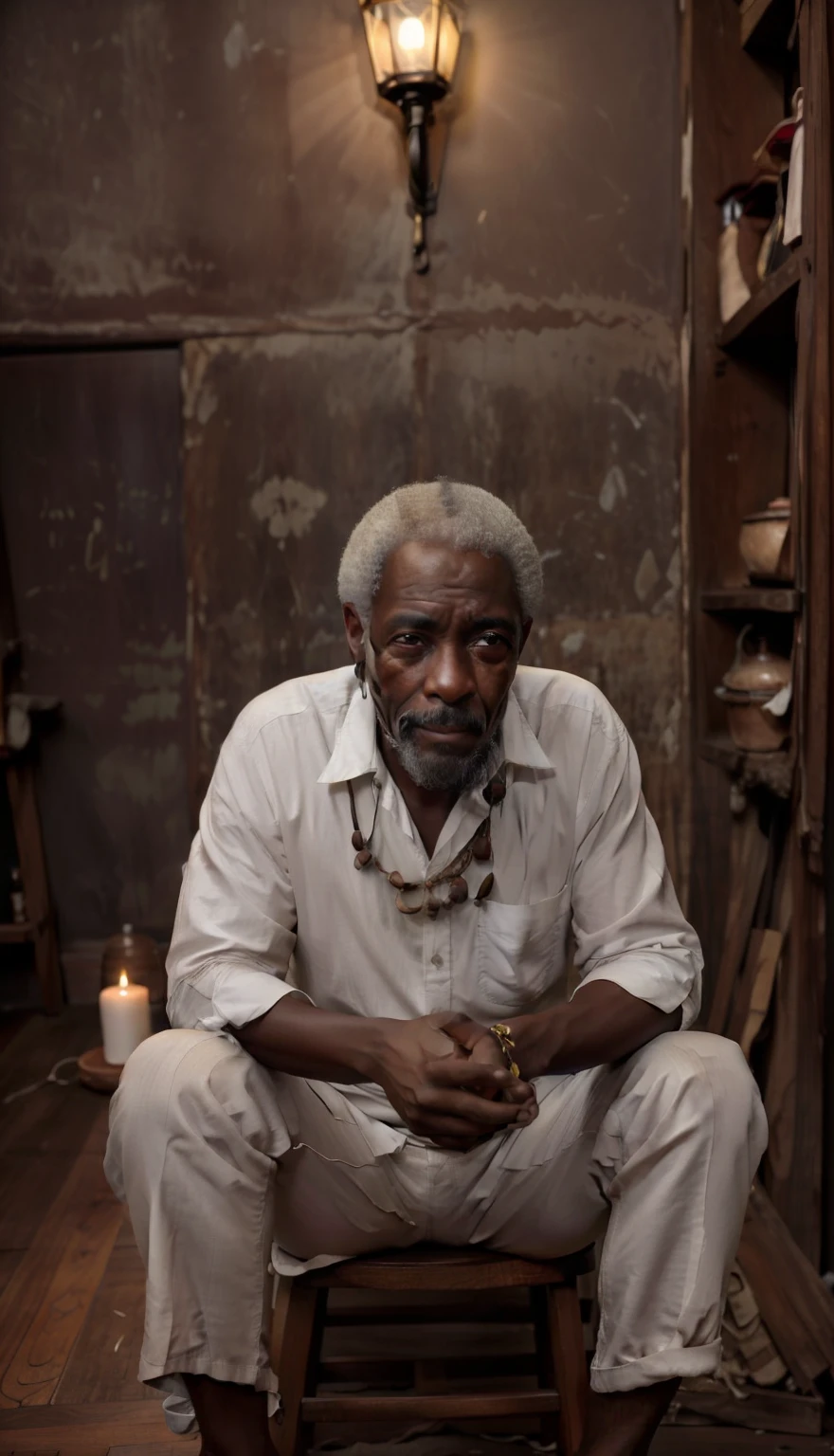 Homem afrodescendente, por volta dos 90 anos, com rosto marcado pelo tempo e com muitas rugas. His countenance is sad and looks sore. Wears white cotton clothes, cord with seeds around the neck. He's sitting on a wooden stool looking at the floor.