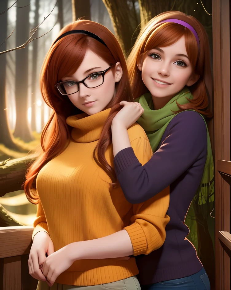 two girls hugging outdoors, velma, and, her friend, Daphne, she has big 60s style long orange brown hair with a purple hairband, and a purple sweater and green scarf, velma has thick glasses, daphne no glasses, both are very pretty, good looking, sexy, cute, realistic, beautiful eyes, in the middle of a dark forest, in the woods, forest background, at night, creepy branches, 70s style