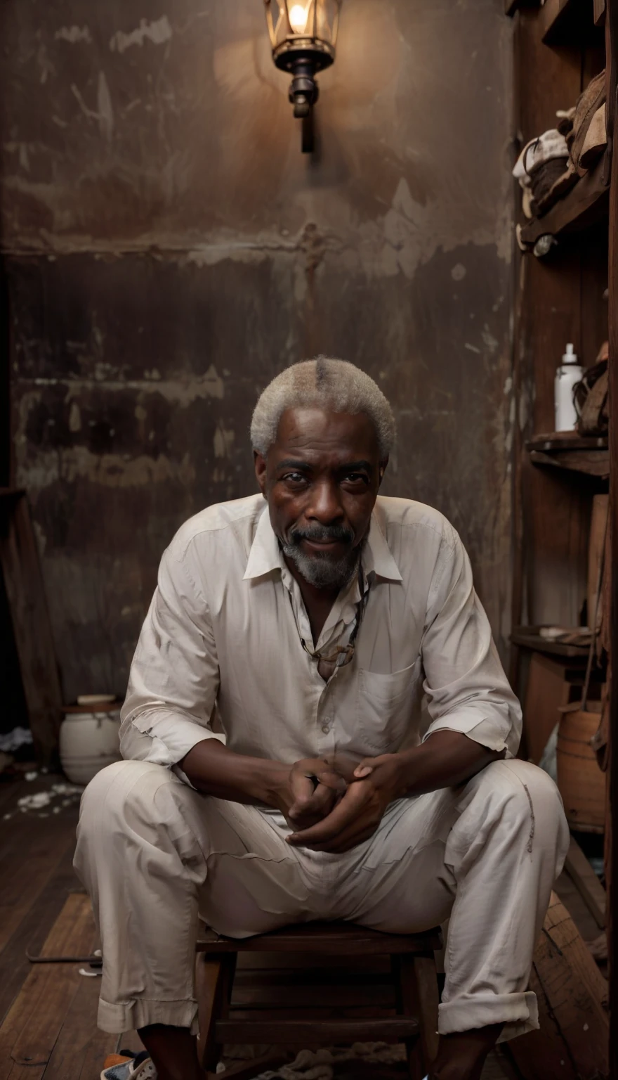 Homem afrodescendente, por volta dos 90 anos, com rosto marcado pelo tempo e com muitas rugas. His countenance is sad and looks sore. Wears white cotton clothes, cord with seeds around the neck. He's sitting on a wooden stool looking at the floor.