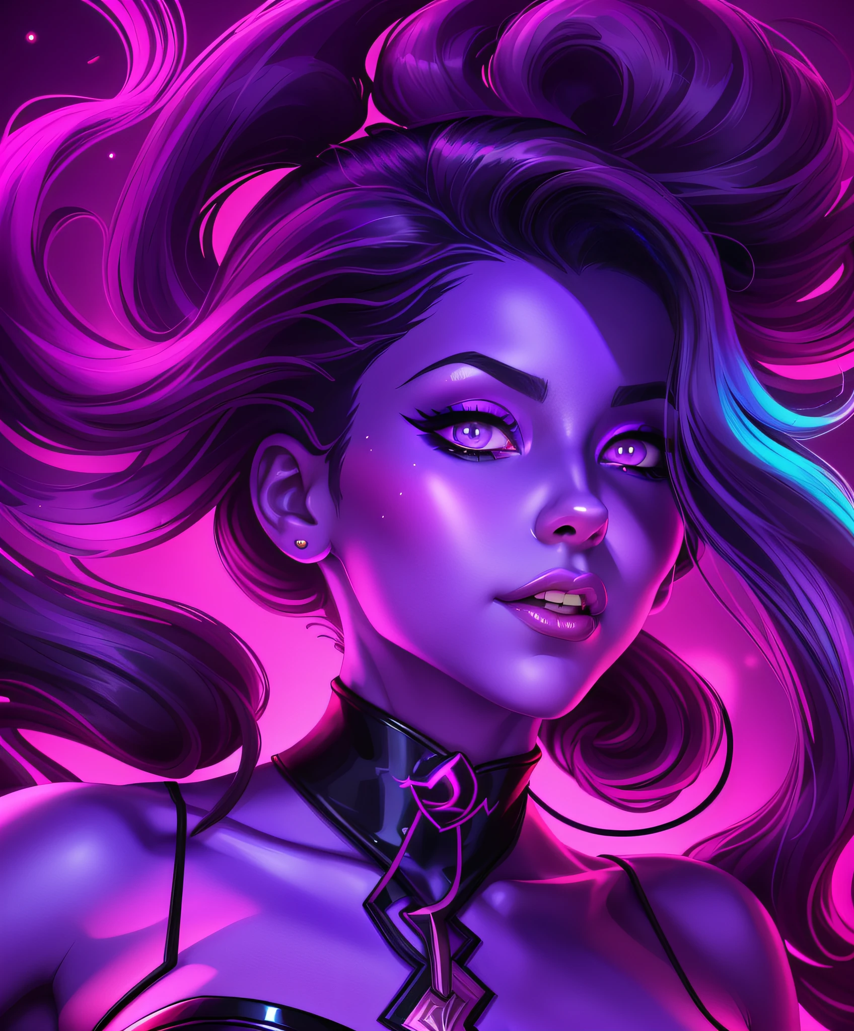 a close up of a woman with a purple background and a purple background, painted in the style arcane, kda, fantasy art style, with glowing purple eyes, extremely detailed artgerm, nocturne from league of legends, 8k high quality detailed art, portrait of jinx from arcane, loish and wlop, 4k detailed digital art
