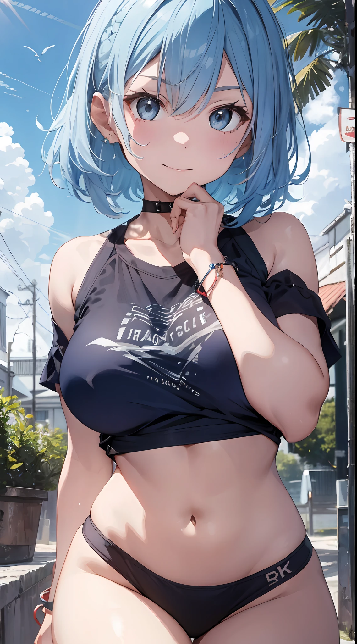 (NSFW:1.2), (8K, Raw photography, Top image quality, tmasterpiece: 1.4), ultra highly detailed, (realisitic, photoreallistic: 1.48), 1girl in, Solo Focus, type moon style, Kyoto Animation Style, short-length hair, (blue hairs:1.7), Blunt bangs, Hair Between Eyes, Clear eyes, side locks, White hair, Shiny hair, beautiful detailed cold face, Seductive smile, angry, complex details beautiful and delicate eyes, bare_shoulders, huge-breast, Gray eyes, White skin, Hair Ornament, (((T-shirt))), swim ring, swimsuit, beautiful bare back, Sandals, Skindentation, 鎖骨, bare_Legs, beach, Beautiful detailed sky, White sand, tree, very precise details, absurdist, Extremely detailed, 16k wallpaper,remrezero
