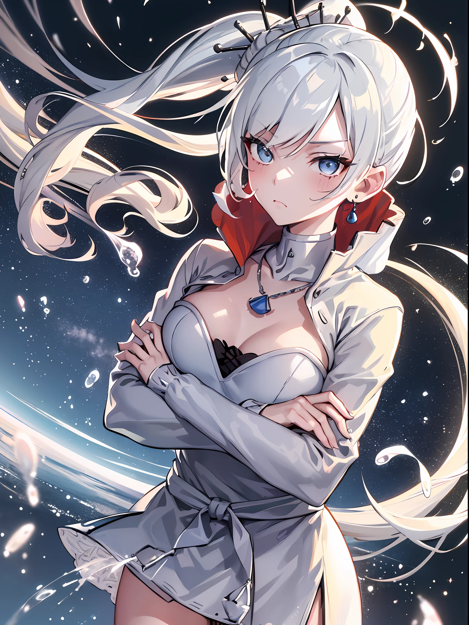 (Masterpiece, Best Quality:1.2), Cowboy shot, 独奏, 1girl, white colored hair, Vaisvale, expressionless, closed mouth, looking a viewer, crossed arms, pony tail, scar across eye, whitedress, Jewelry, necklace, earings, Average Breasts, upper-body, Spacer frame, Erotica, steam, (sperm, sperm on face, Sex, on face)