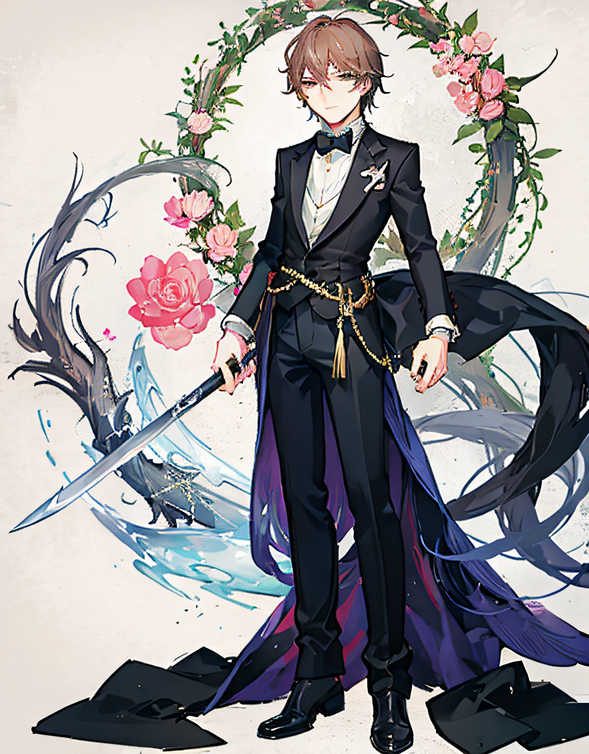 独奏 Full body Anime - style image of a man in a tuxedo with a sword, delicate androgynous prince, beautiful androgynous prince, kawacy, handsome guy in demon slayer art, Key Anime Art, highly detailed exquisite fanart, in the art style of bowater, Detailed key anime art, Detailed Digital Anime Art, shigenori soejima illustration