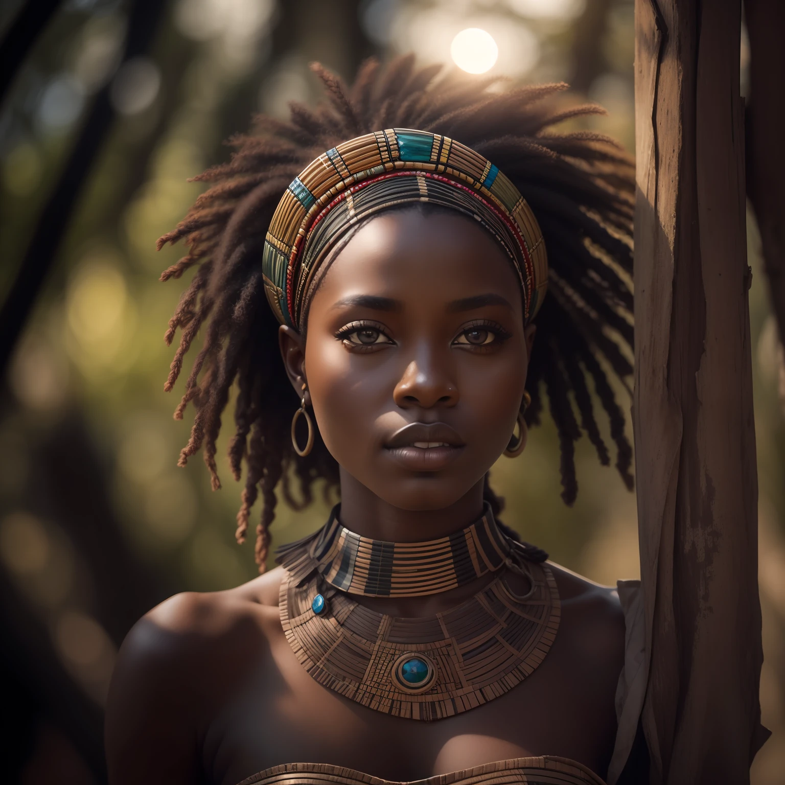 Raw photo, portrait of dark skinned beautiful African warrior woman, perfect face features, perfect eyes, hopeful, wearing intricate African amor, sun light, volumetric lighting, sun rays, detailed shadows, nature, outdoor, hasselblad X2D 100C, hasselblad XCD 80mm f/1.9 lens, depth of field, bokeh, film grain, sharp focus, photorealistic, masterpiece, intricate details, high contrast, 8k, UHD, HDR, high-res, absurdres, award winning photography, modelshoote, fashion photography, best composition, rules of third, upper body shot,