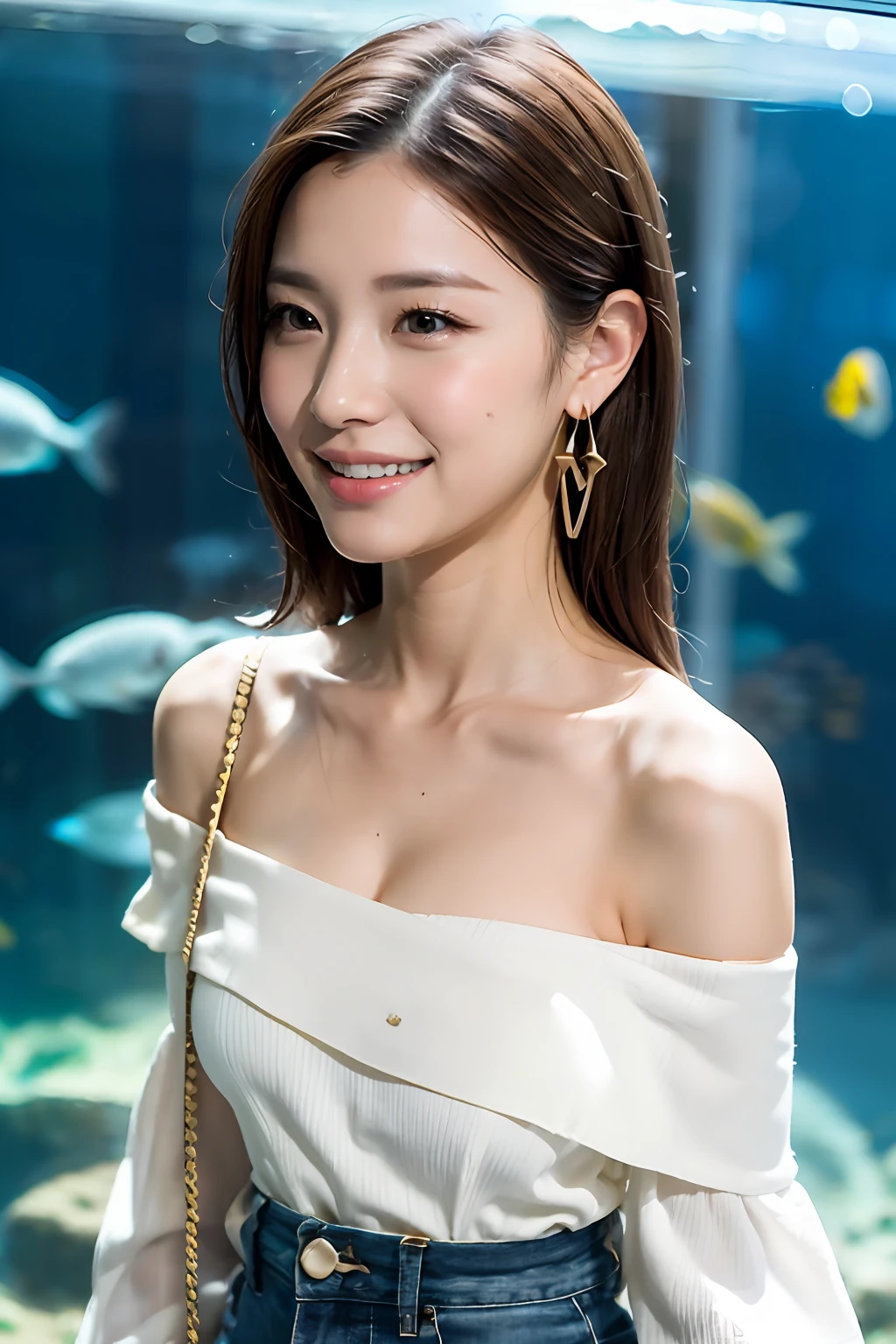 (masterpiece:1.3), high resolution, ultra detailed, extremely detailed CG unity 8k wallpaper, realistic, photo-realistic, RAW photo, beautiful detailed face, pale skin, realistic glistening skin, detailed cloth texture, detailed hair texture, Perfect Style, Beautiful Face, accurate, Anatomically correct, Highly detailed face and skin texture, natural neck length, (thin and beautiful fingers),
BREAK,
Detailed eyes, symmetric eyes, Brown eyes, Double eyelids, Thin eyebrows, (Glossy lips:1.4), (happy smile:1.2),
BREAK,
((Innocent and Cute girl:1.3)), ((wearing a off-shoulder White blouse:1.4)), (beautiful clavicle), (Gold strings belt), (denim pants:1.2), (cross strap high heels:1.2),
(necklace, bracelet), ((clutch bag over shoulder, large hoop earrings, pinky ring:1.2)), (beautiful blue nails)
BREAK,
Layered Hairstyle, (brown hair:1.2), (wavy hair:1.2), medium long hair,
large breasts, (firm breast), (nicely shaped breasts:1.1),
BREAK,
(((Standing Selfie pose In front of the aquarium:1.2)), (looking away:1.2),
BREAK,
((Upper body:1.2)), (Focus on face:1.2), (from side),