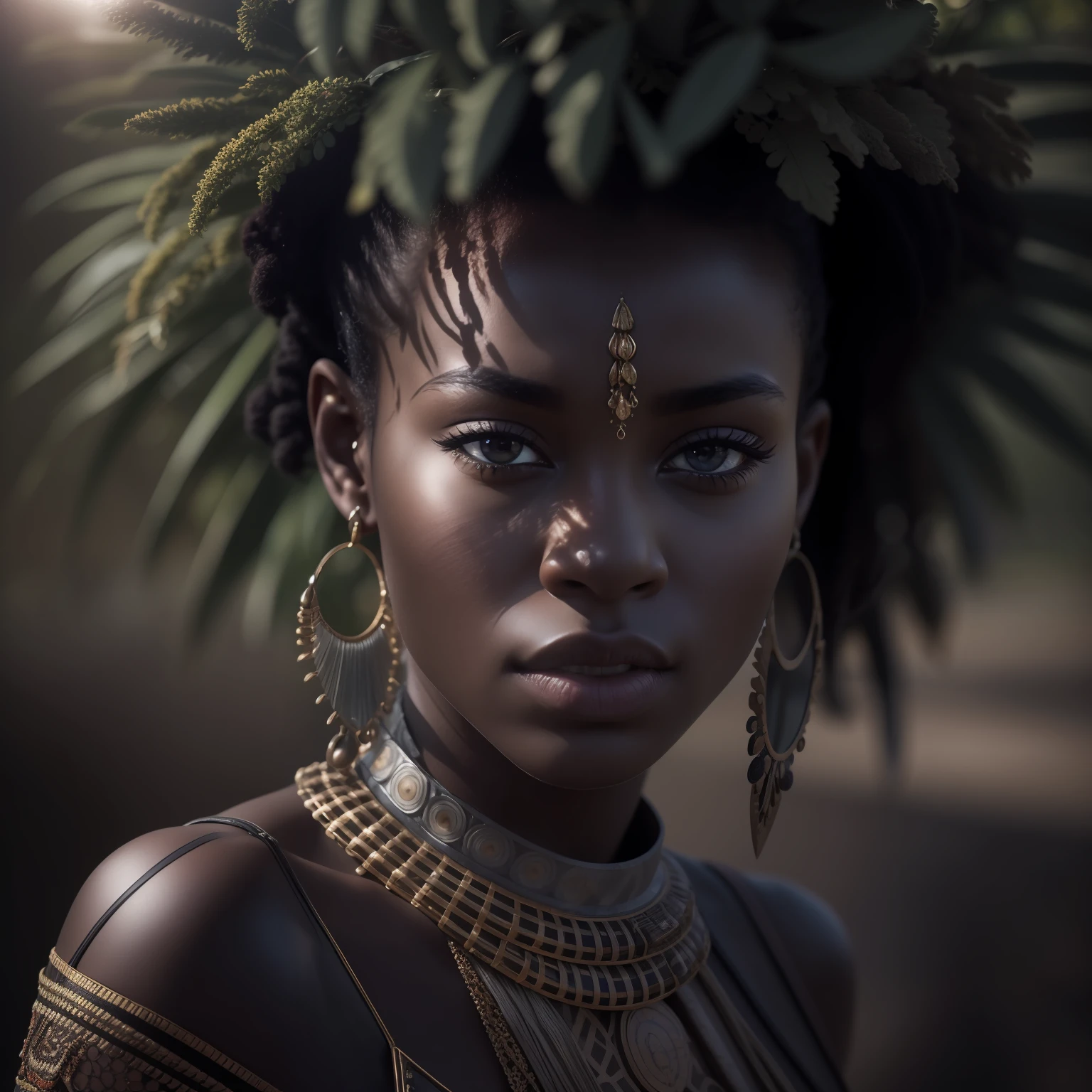 Raw photo, portrait of dark skinned beautiful African warrior woman, perfect face features, perfect eyes, hopeful, wearing intricate African amor, sun light, volumetric lighting, sun rays, detailed shadows, nature, outdoor, hasselblad X2D 100C, hasselblad XCD 80mm f/1.9 lens, depth of field, bokeh, film grain, sharp focus, photorealistic, masterpiece, intricate details, high contrast, 8k, UHD, HDR, high-res, absurdres, award winning photography, modelshoote, fashion photography, best composition, rules of third, upper body shot,