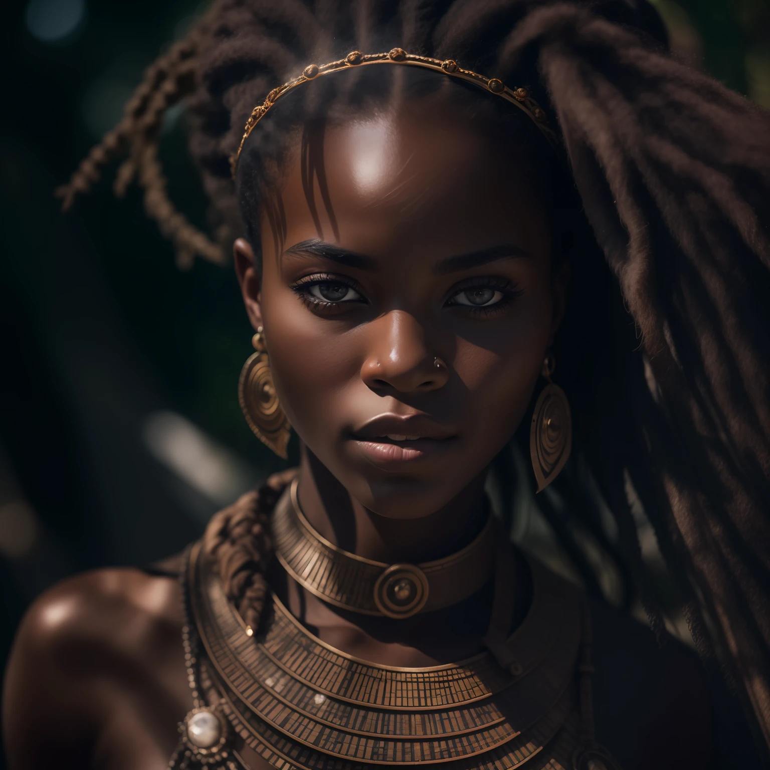 Raw photo, portrait of dark skinned beautiful African warrior woman, perfect face features, perfect eyes, hopeful, wearing intricate African amor, sun light, volumetric lighting, sun rays, detailed shadows, nature, outdoor, hasselblad X2D 100C, hasselblad XCD 80mm f/1.9 lens, depth of field, bokeh, film grain, sharp focus, photorealistic, masterpiece, intricate details, high contrast, 8k, UHD, HDR, high-res, absurdres, award winning photography, modelshoote, fashion photography, best composition, rules of third, upper body shot,