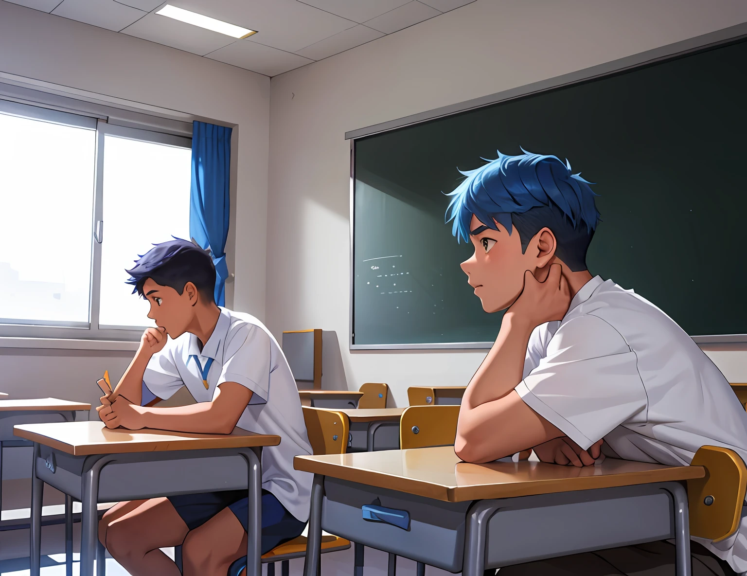 A serious 15-year-old boy who tells a story to another 15-year-old boy has blue hair and is in the school classroom, Behind them are other kids playing basketball.