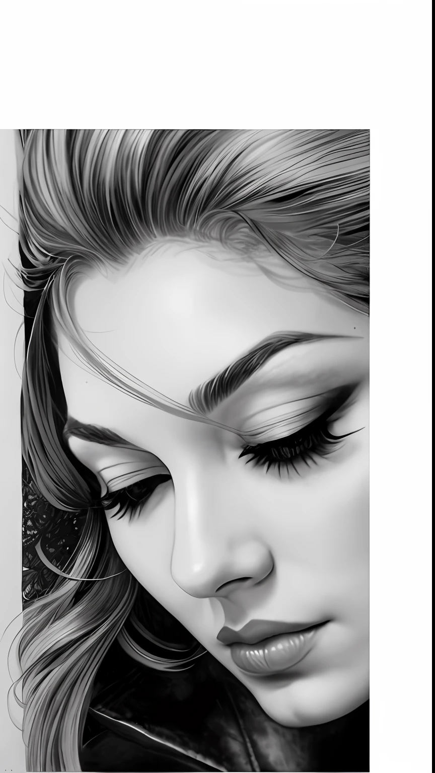 um desenho de uma mulher com cabelos longos e uma jaqueta preta, desenho de realismo, retrato de alto detalhe, Rosto detalhado, Retrato detalhado do rosto, rendering of close up portrait, retrato de rosto detalhado realista, hatched pen and ink art, stroke details, ink on paper, marvel comics, frank frazetta style