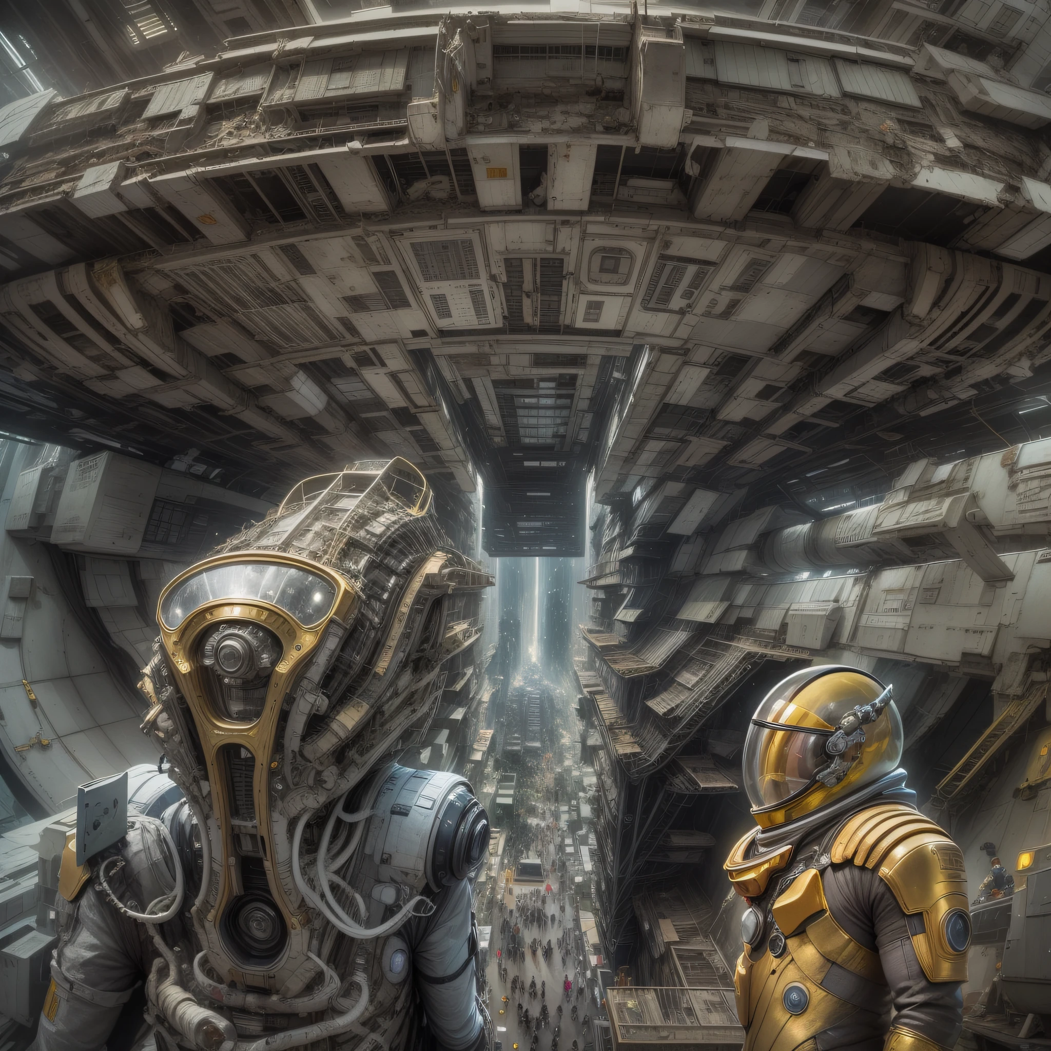 en estilo comic, basado en la pelicula prometheus: (( la tripulacion de la spacecraft prometheus, hombres y mujeres)), inspeccionas una ciudad de un planeta desconocido , con enormes edificios altamente tecnologicos. cuyos materiales de construccion son la plata, el oro y el bronce.