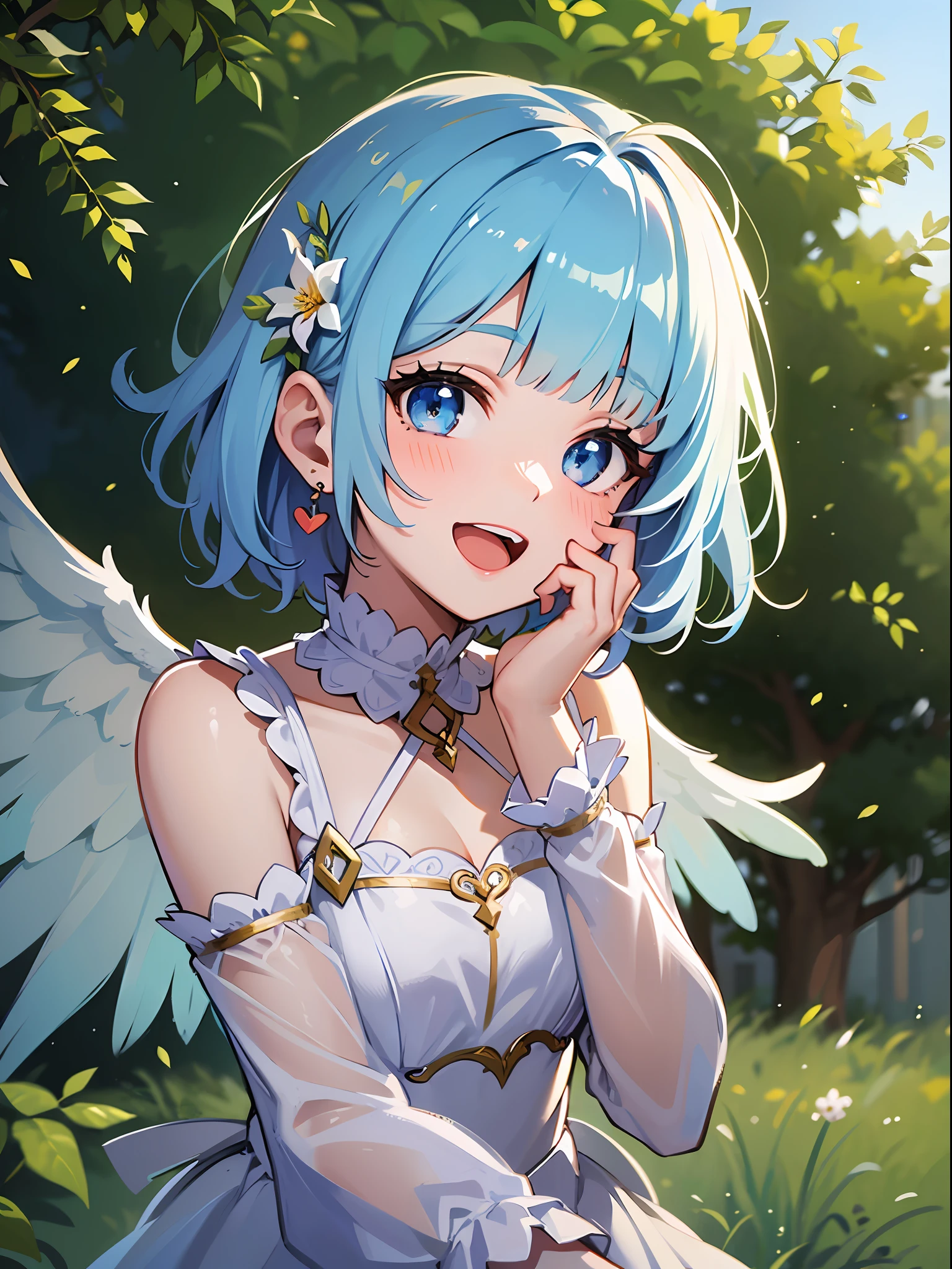 (masterpiece:1.3), (best quality:1.3), high resolution,
couboy shot,
leaning forward, body facing forward,
(one cute girl:1.3), solo,
white skin, small Breast, eight-headed person,
light blue hair, (bobbed hair:1.2), (short hair:1.2), (blunt bangs:1.2), beautiful hair, blue eyes, beautiful detailed eyes,
blush, open mouth, heart, cheerful smile,
wedding dress, frill, Angel Wings, earrings,
outdoors, flower garden, natural park,
shadowlighting,